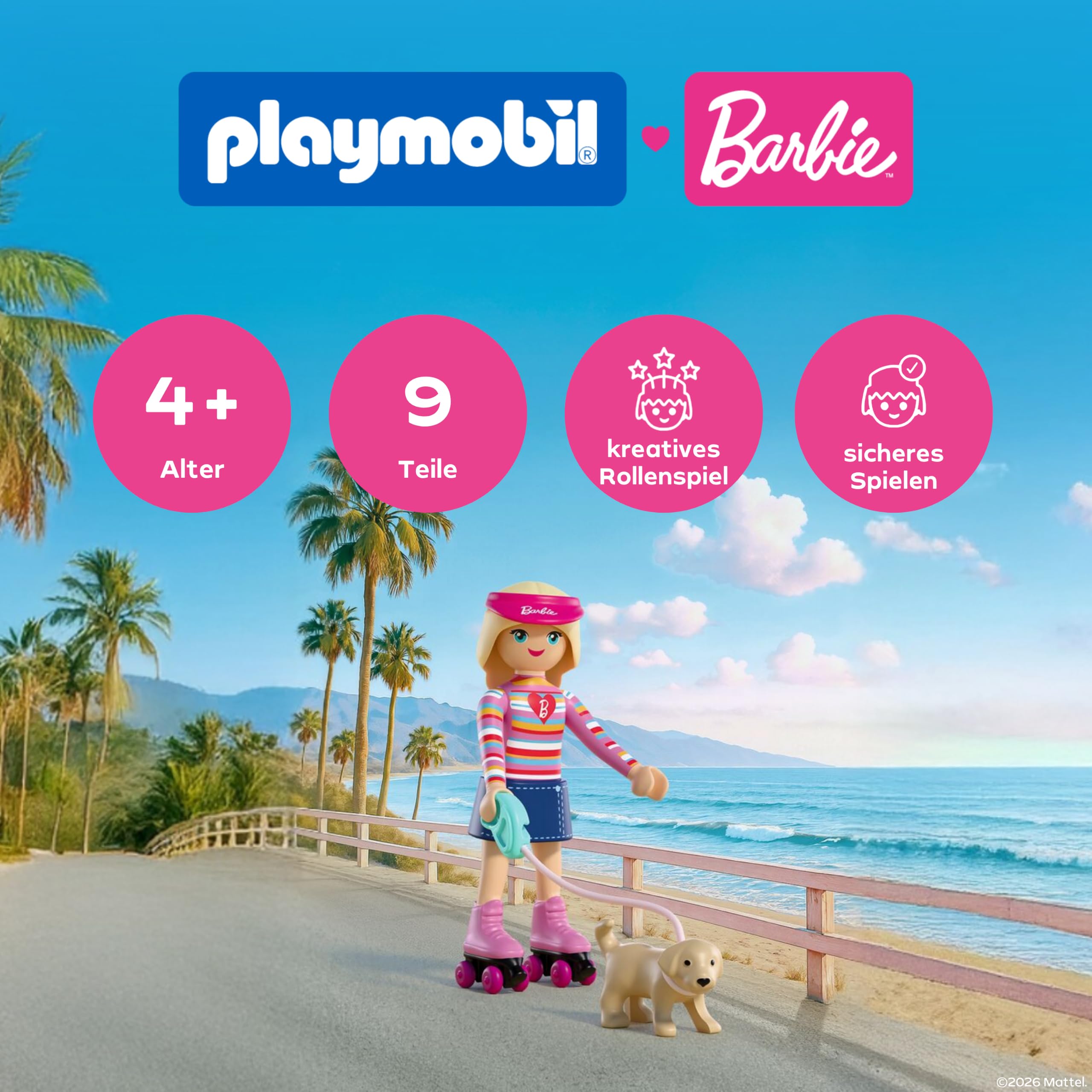 PLAYMOBIL| Barbie Malibu | Rollschuh‑Set mit Barbie, Welpe Taffy & wandelbaren Sneakers | Für Kinder ab 4 Jahren | 72126