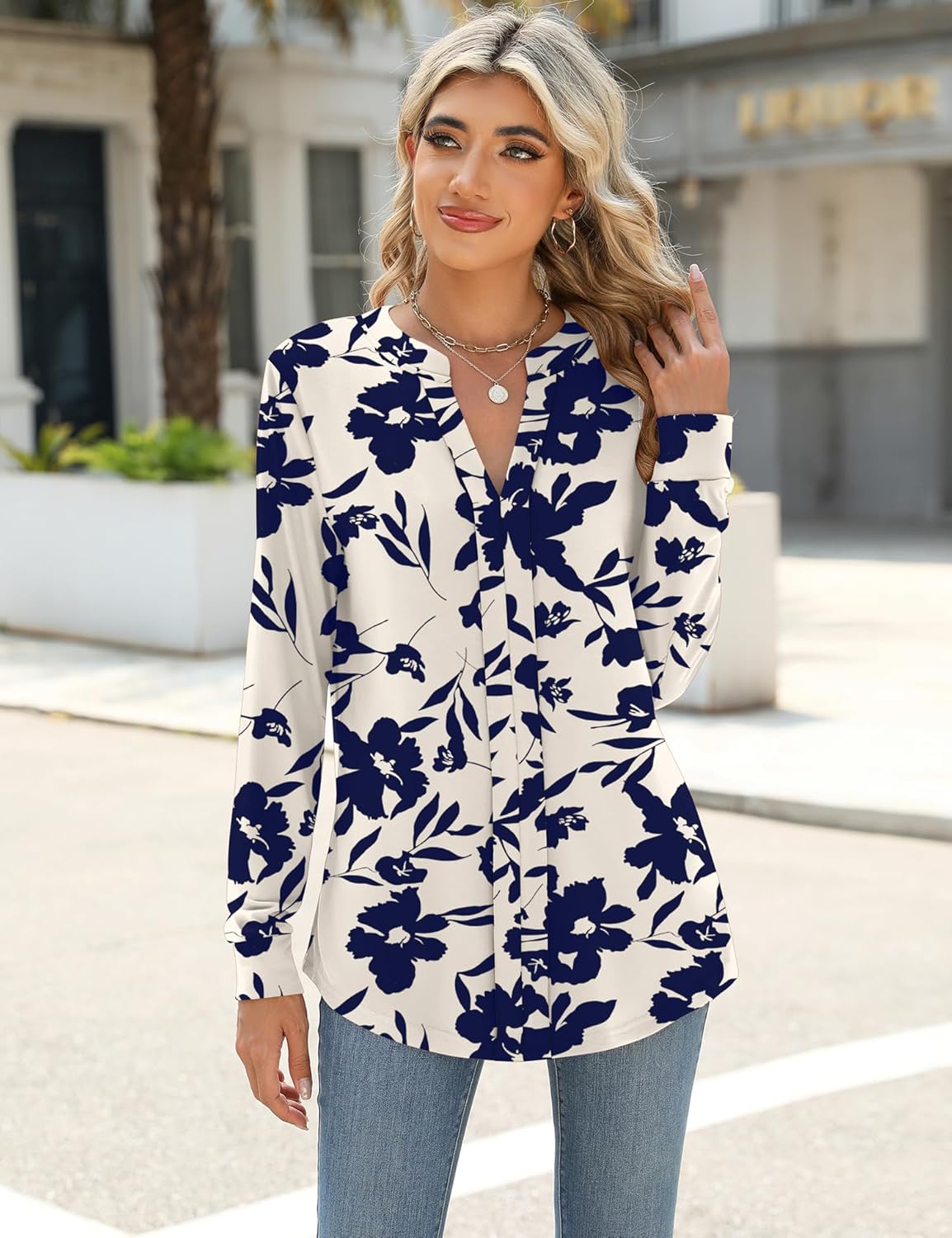 Micoson Womens Tops Dressy Casual Long Sleeve Business Knit T Shirts V Neck Pleated Work Blouses Loose Fall Trendy Clothes - Image 2