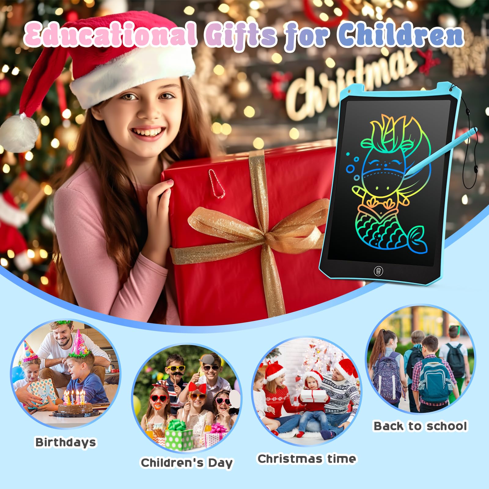 BlueSwan Tablette Dessin Enfant 8.5 Pouces, LCD Tablette Magique Enfant, pour 2-13 Ans, Jouet de Voyage en Avion ou en Voiture, Cadeau de Rentrée, d'anniversaire, Noël, Bleu - 2