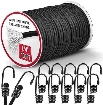 Marine Grade Heavy Duty Bungee Cord Roll with 12 Hooks - Black Elastic Shock Cord Kit for Kayak Deck, Outdoor Camping, Tarp Tie Downs, Bike Rack, DIY Assorted Bungee Ropes 1/4" x 100ft
