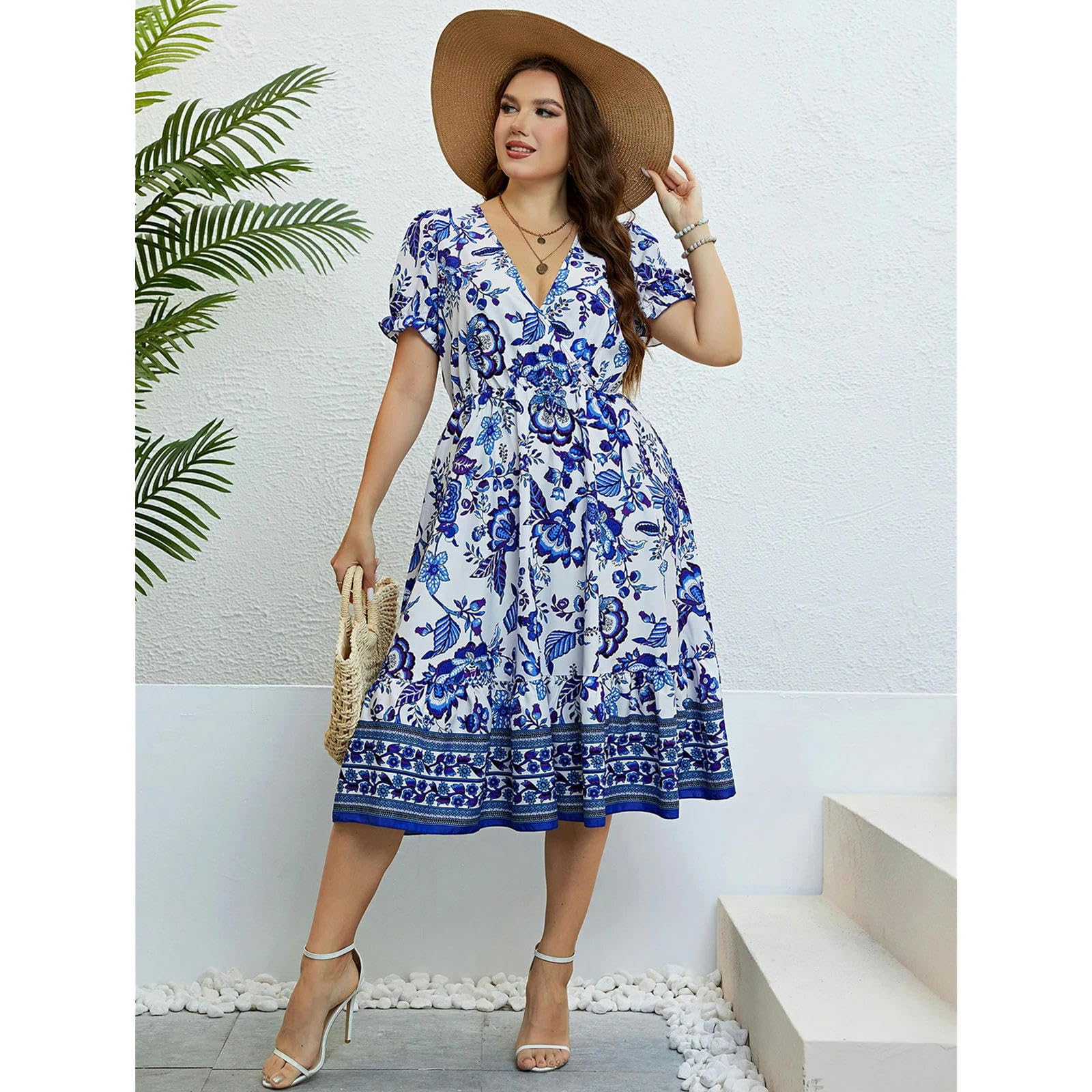 Plus Size Donne Fiore Stampa V-Neck A-Line Abiti Eleganti Increspature Maniche Corte Abito Del Partito Casual Lady Vacanza, HUTALIM, Blu, 4XL