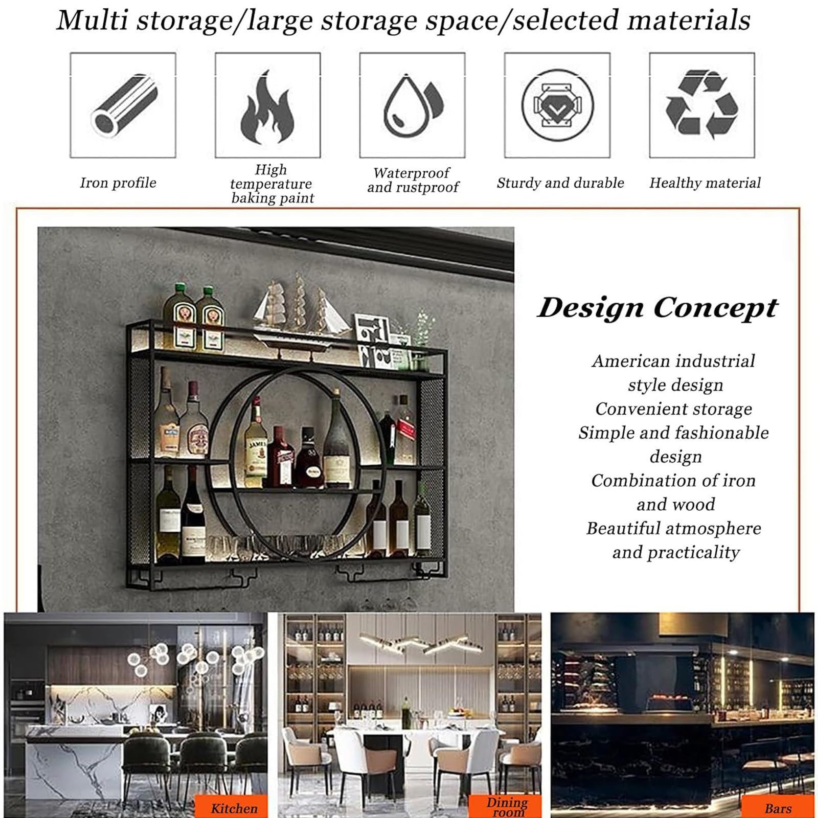Portabottiglie da Parete, Elegante Espositore in Ferro e Portabicchiere Invertito, Portabottiglie Rotonde Industriali Sospese, Mensole Sospese per Unità Bar, Espositore in Ferro per Bicchieri per Ca