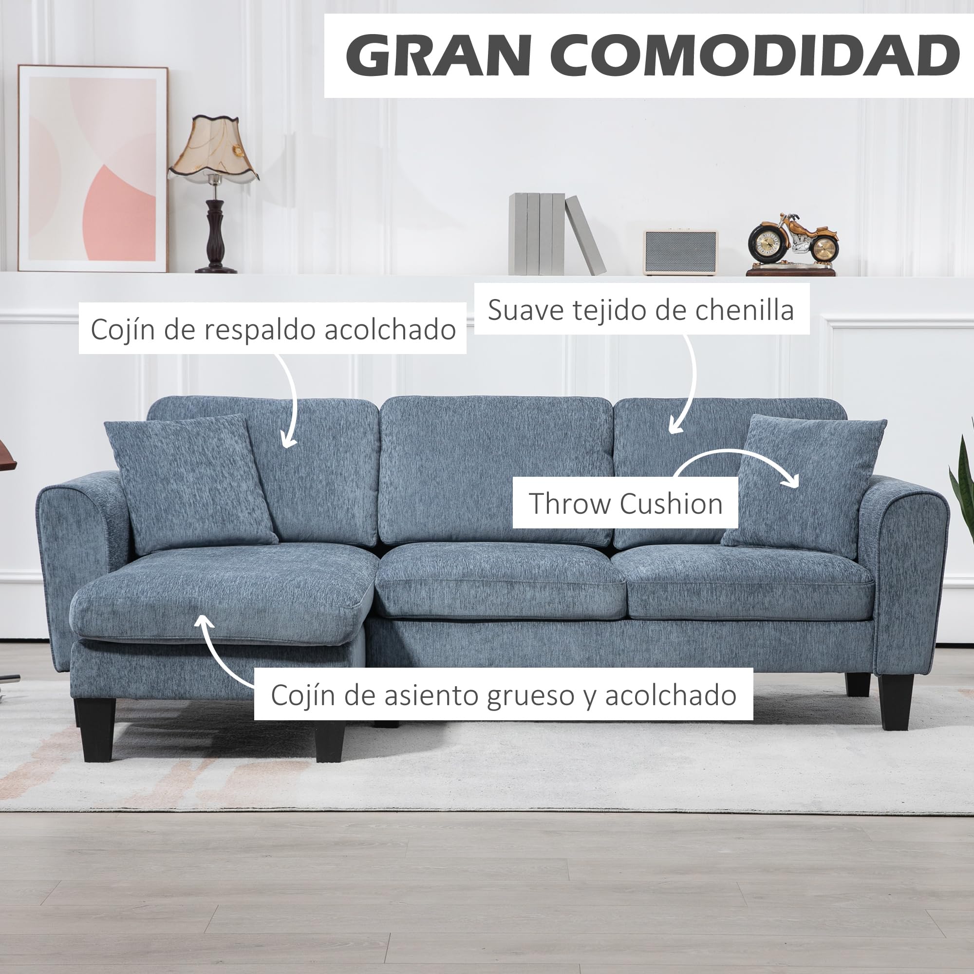 HOMCOM Sofá Chaise Lounge Reversible 200 kg 230x138x87 cm Azul Oscuro