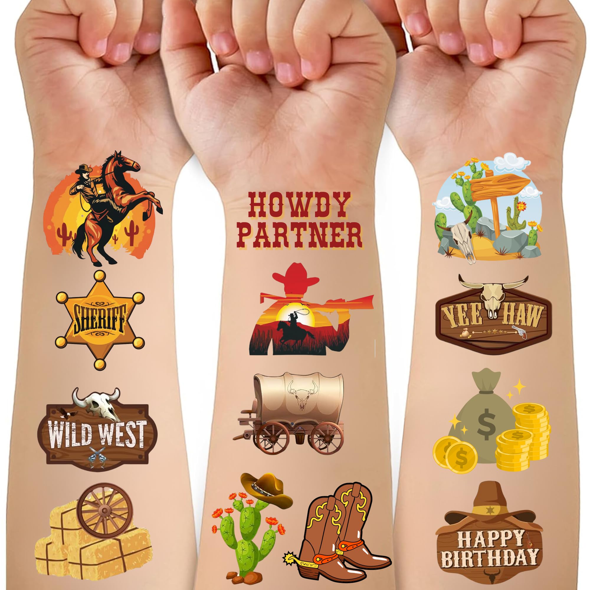 Cowboy Temporary Tattoos- 50PCS Western Cowboy Party Favors Themed Birthdays Party Supplies Decorations Western Baby Shower Decor Cool Wild Western Rodeo Pattern Girls Boys Gifts