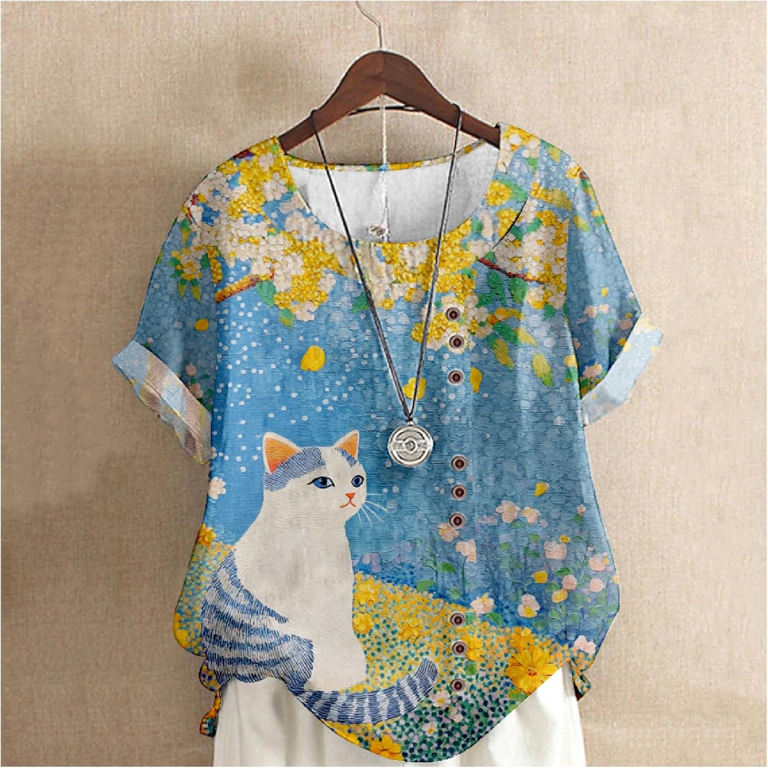 Women's Vintage Linen Tops Short Sleeve Boho Summer Graphic Tees Tunic Shirts Casual Loose Button Blouses - Image 2
