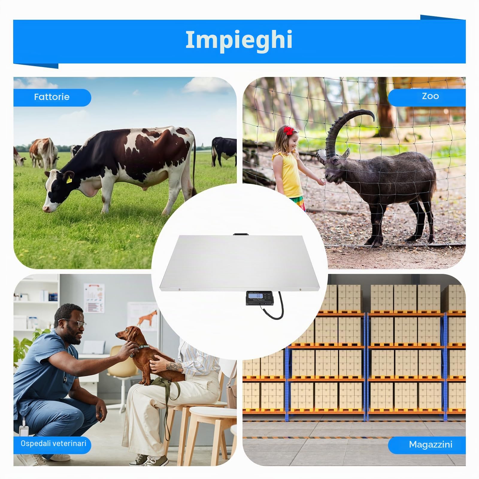 Bilancia digitale per animali domestici 300 kg, due modalità, tre unità, doppia installazione, acciaio inox, grande robusta con display