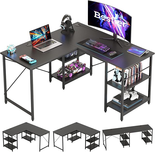 Bestier L Shaped Desk with Shelves Reversible Corner Desk 220CM Industrial Long Table Stable Desk L Shape Computer Workstation with 3 Cable Holes
