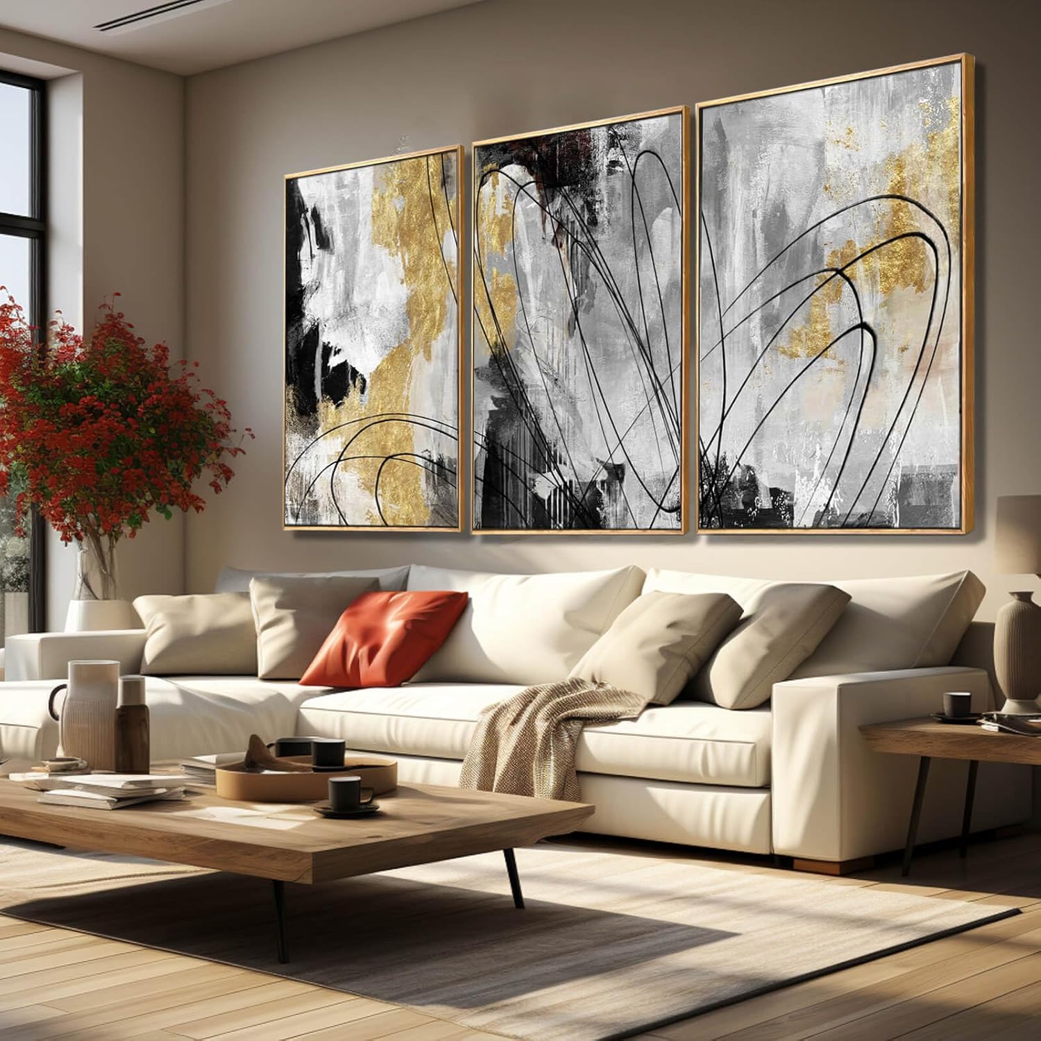 YJYart Gold Wall Art Abstract Wall Art Living Room Decor Black and White Canvas Picture Home Decor Wooden Frame Line Paintings Modern Artwork Office Decor 24x 36x 3 Pieces