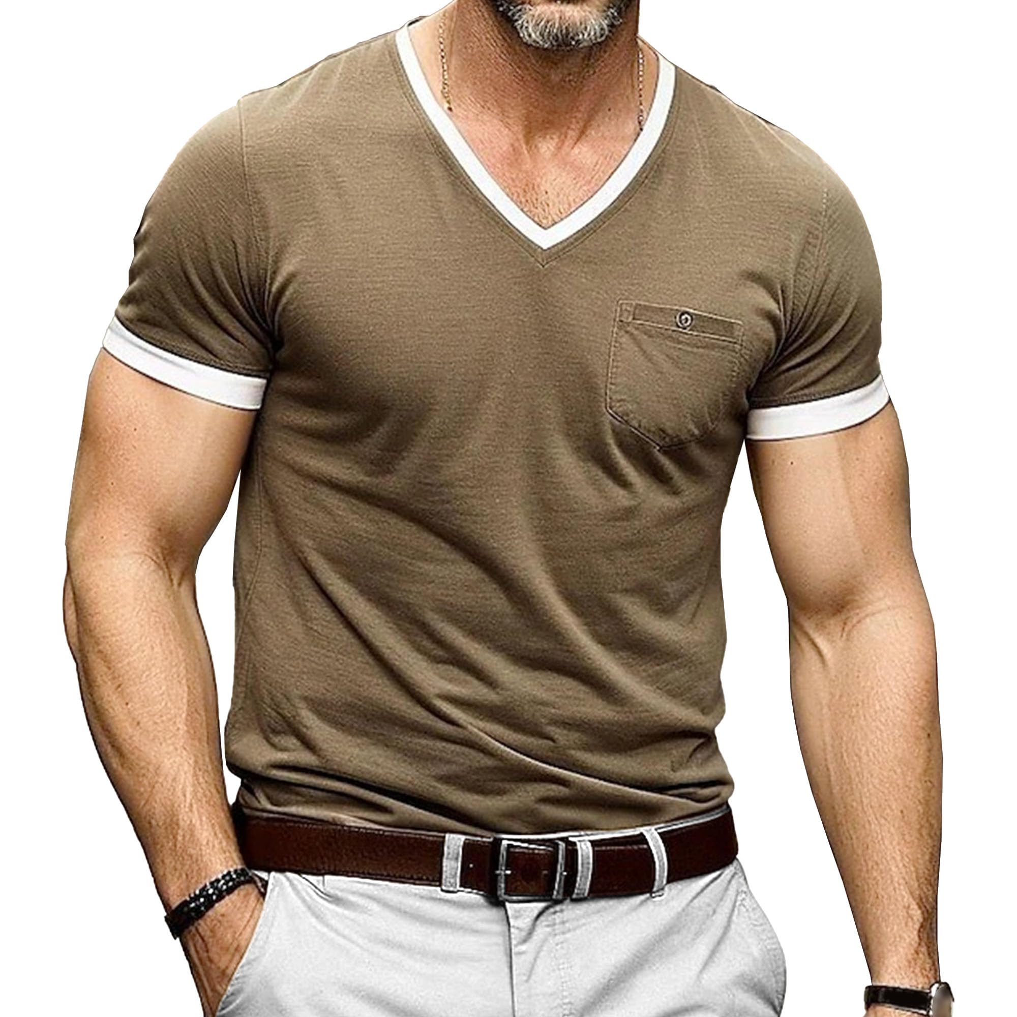 Zylphorix Men's V-Neck Casual Cotton T-Shirt Short Sleeve Outdoor Daily Shirts Summer Loose Cozy Solid Basic Pullovers (Camel,XX-Large)
