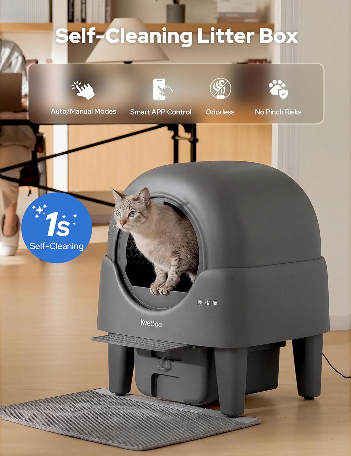 Automatic Self Cleaning Cat Litter Box, 90L Large Capacity for Cats 2.2-15 lbs, APP Control with Smart Safety Sensors, Quiet Operation, Easy Clean Detachable Globe, Graphite Gray