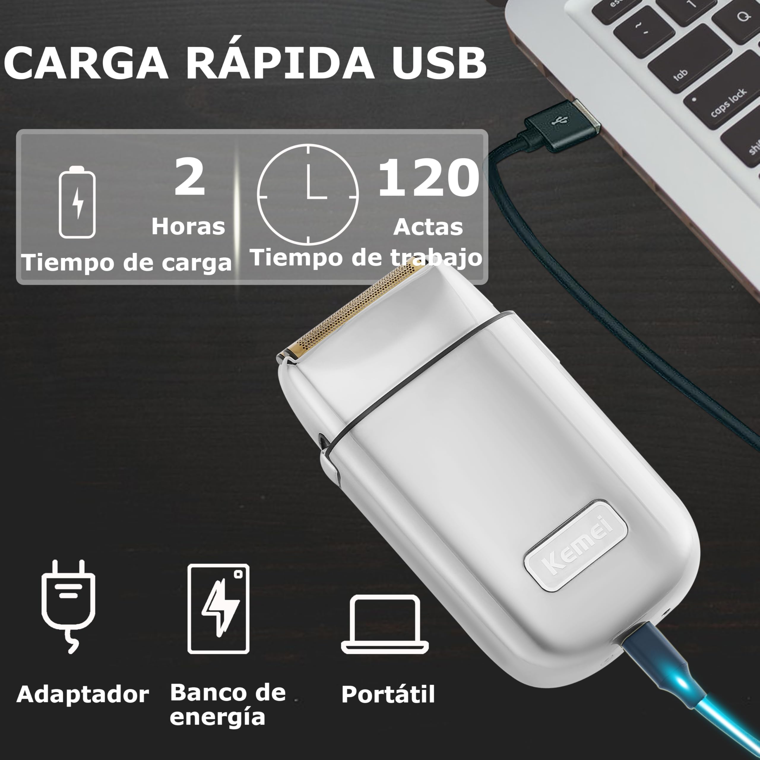 Kemei Máquina de Afeitar TX1, Cerrar Afeitadora Eléctrica Hombre, EasyClean,Tipo C Recargable para Afeitado Húmedo/Seco, Plateado