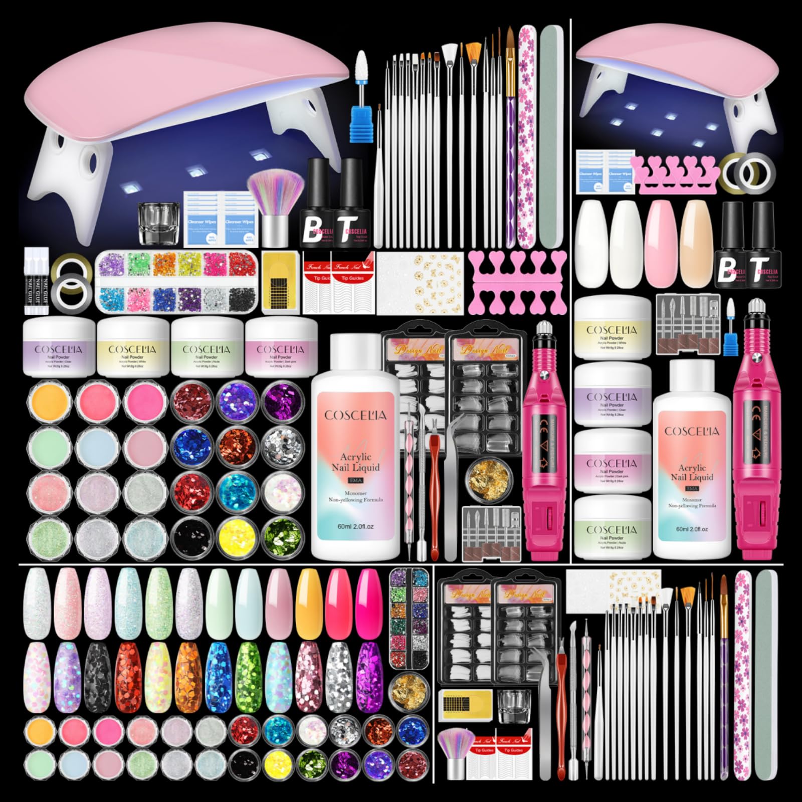 COSCELIA Acrylic Nail Kit for Beginners with Everything, Professional Nail Kits with Drill U V Light 4 Colors Acrylic Powder 24Pcs Glitter Decorations