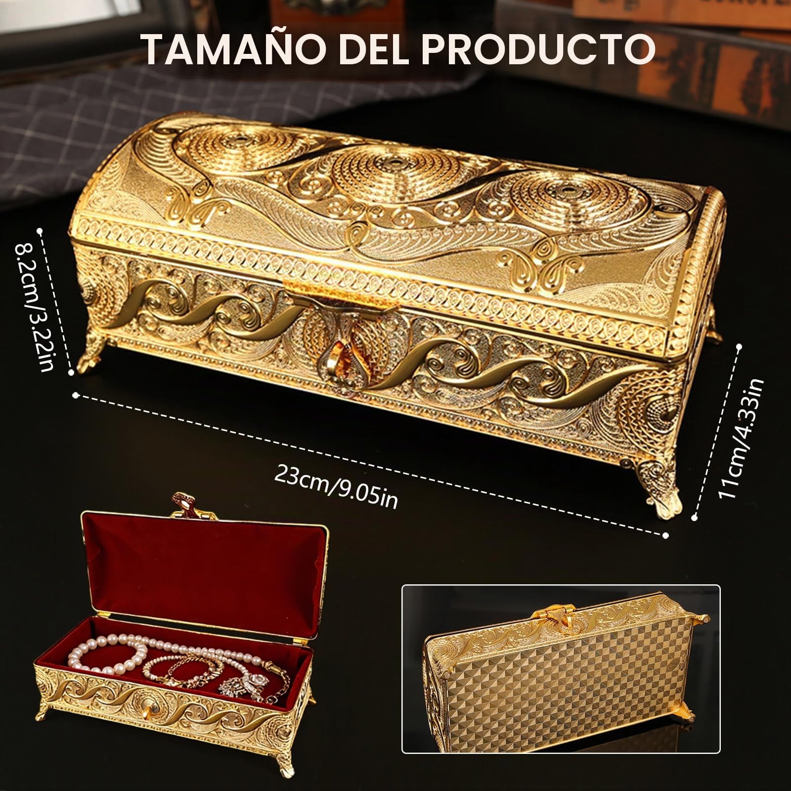 Joyero, Grande De Metal Joyeros Para Mujer Joyero Rectangular Vintage Para Pendientes Relojes Anillos Y Collares Resistente A La OxidacióN Y A Los ArañAzos 23x11x8cm (Oro)