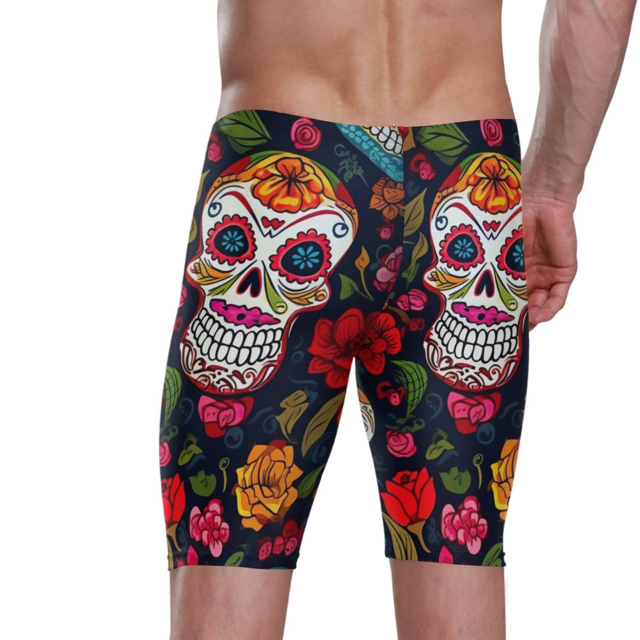 Sugar Skull Skeleton Gothic Flowers Men's Swim Jammers Swimsuit M B0400585