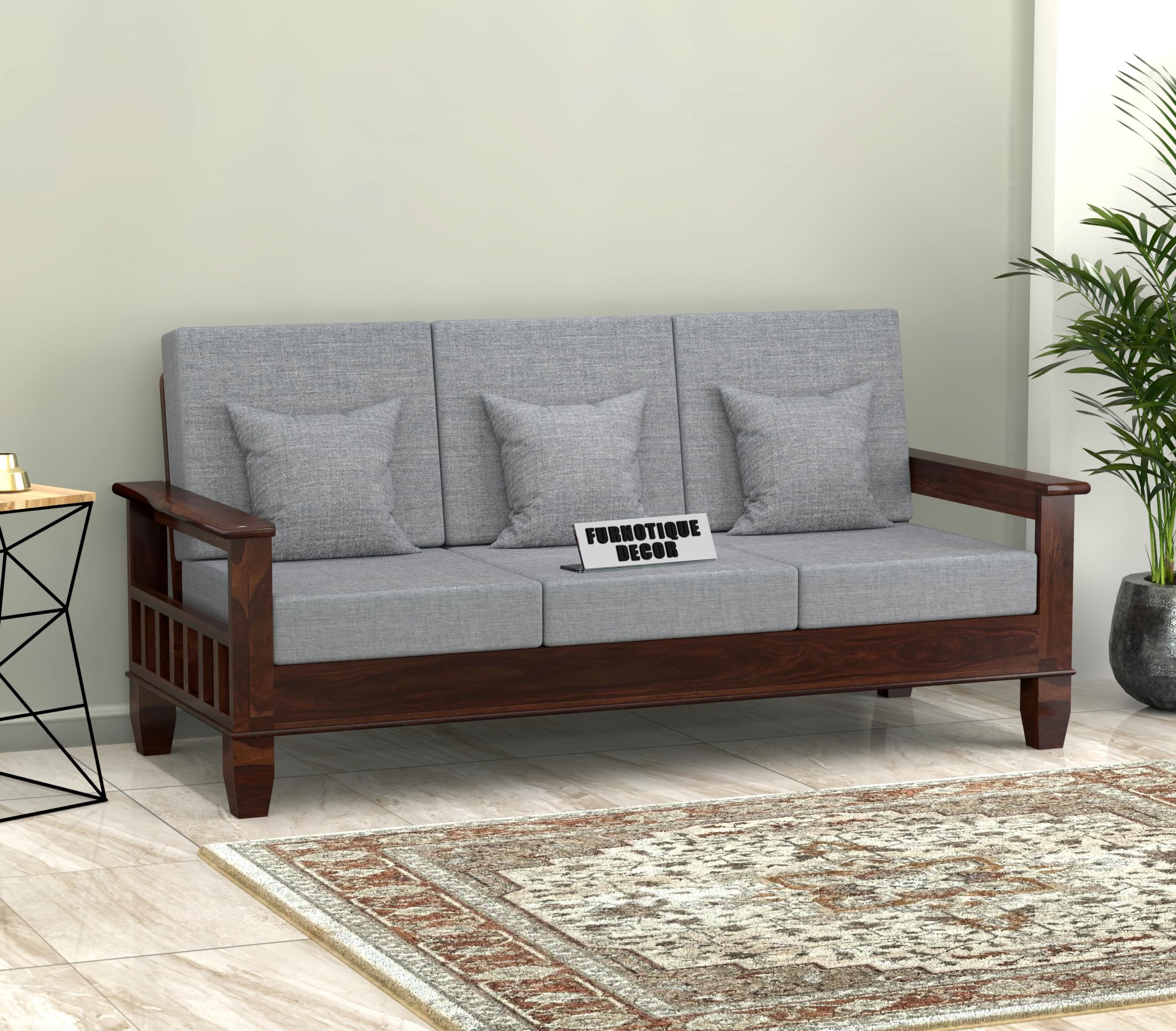 Sheesham Wooden 3 Seater Sofa for Living Room | Rosewood 3 Seater Cushion Sofa with Side Newspaper Holder for Home & Office | Solid Wood Sofa Set for Lounge (Walnut, 3 Seater)-image-26