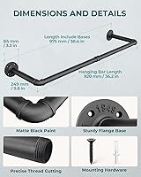 Vista 3 de OROPY Juego de 2 percheros industriales de tubería para montar en la pared, 38.4 pulgadas, barra de hierro resistente para ropa, barra multiusos