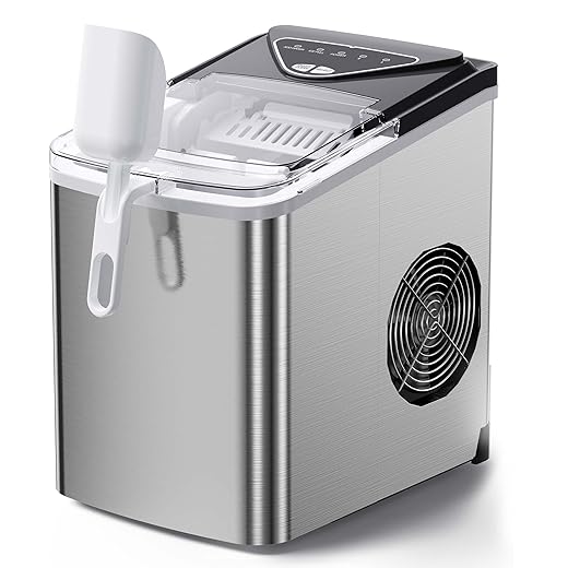 Silonn Countertop Ice Maker, 9 Ice Cubes in 6 Mins, 26 Lbs in 24 Hrs, Compact Ice Machine with Ice Basket & Scoop, 2 Ice Sizes Self-Cleaning Ice Maker for Home/Party/Office, Stainless Steel