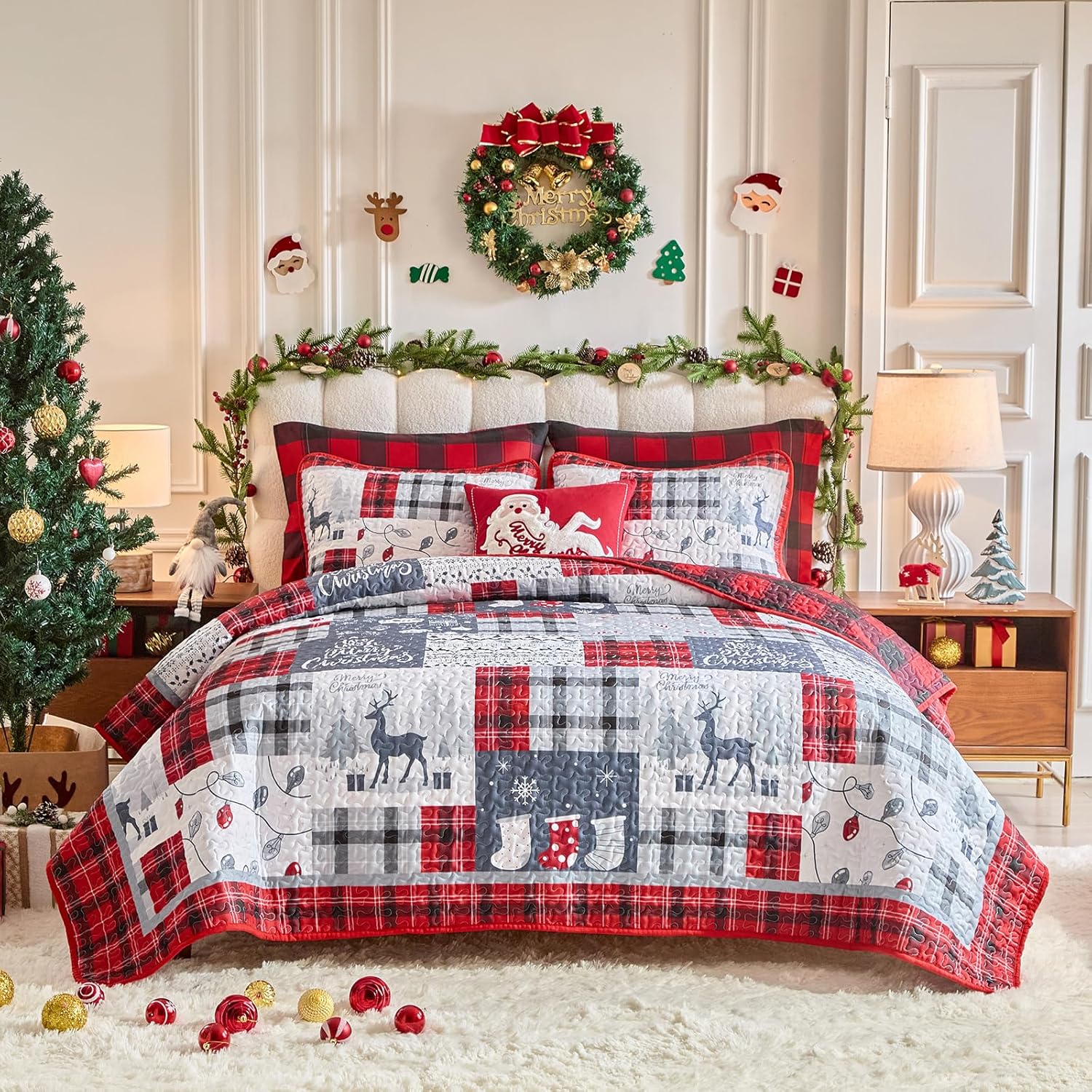 Christmas Patchwork Quilt Set California King Red Black