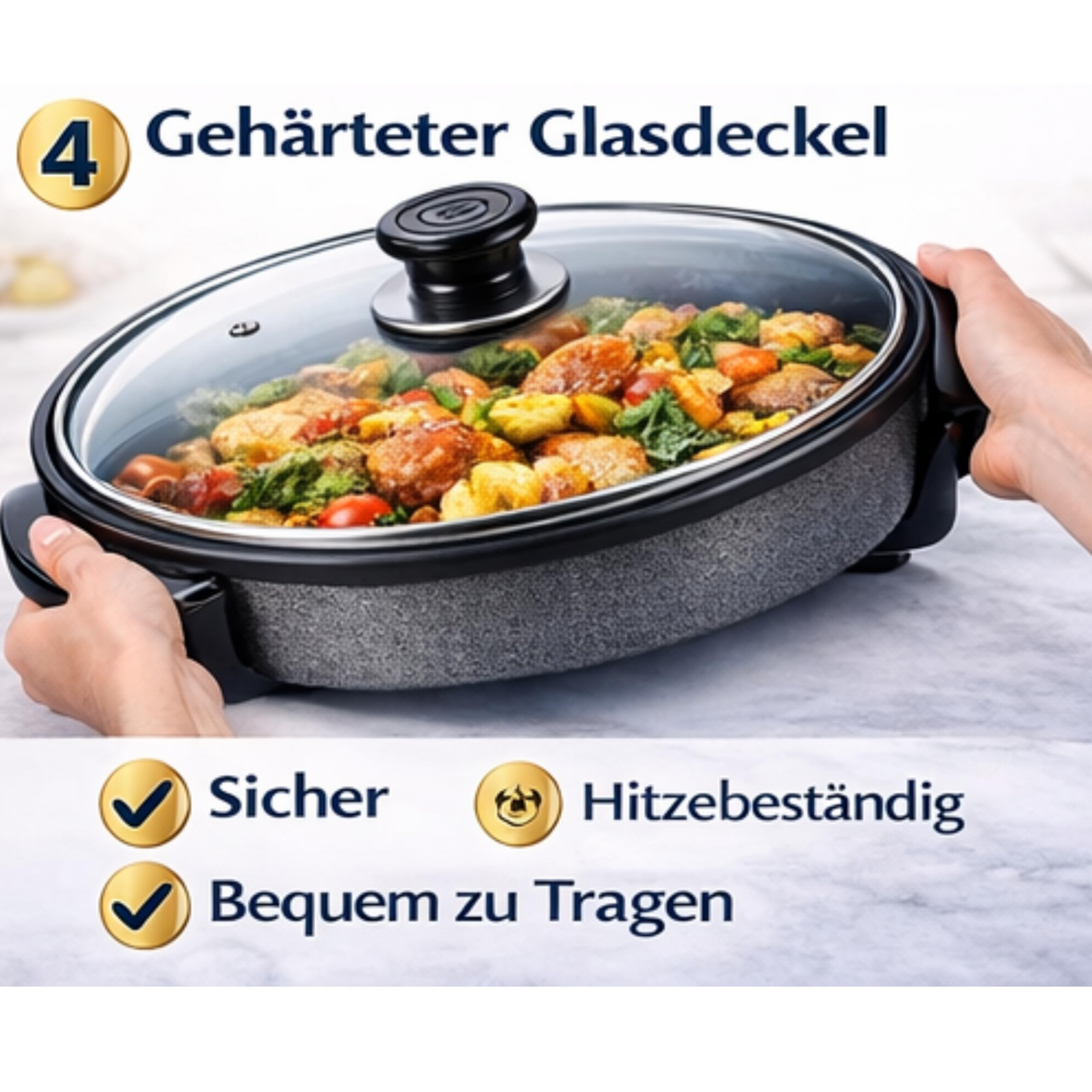 XXL Pizza Pfanne, 42cm Extra Tief, 13cm Höhe, mit Glasdeckel, Elektrische Pizzapfanne (42/13 cm)