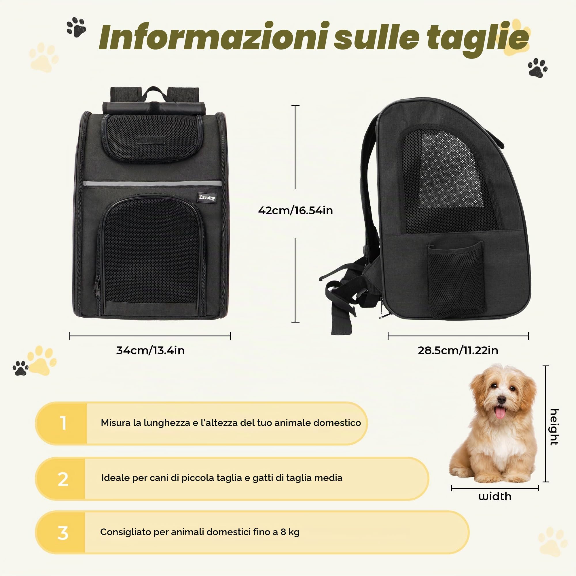 Zavothy Zaino per Cani e Gatti, Zainetto Trasportino Portatile e Pieghevole, con Finestra a Rete e Supporto Imbottito per la Schiena, Traspirante, Carico Massimo 8kg (Nero)