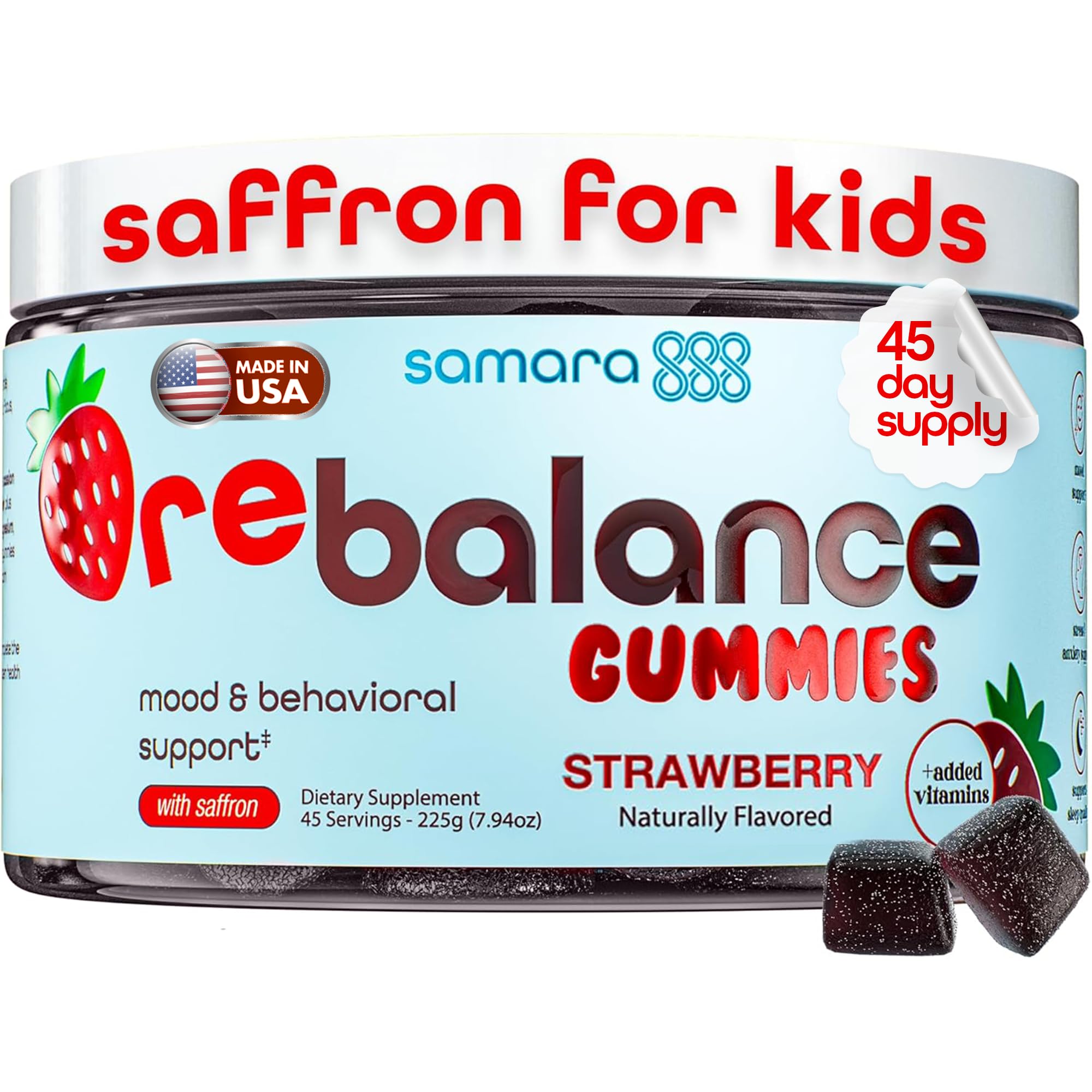 Saffron for Kids | Saffron Gummies for Kids Supports Happy Mood & Temper Control, w/Lavender, Chamomile, Passionflower & Electrolytes, Vegan, Melatonin-Free, 45 Strawberry Gummies