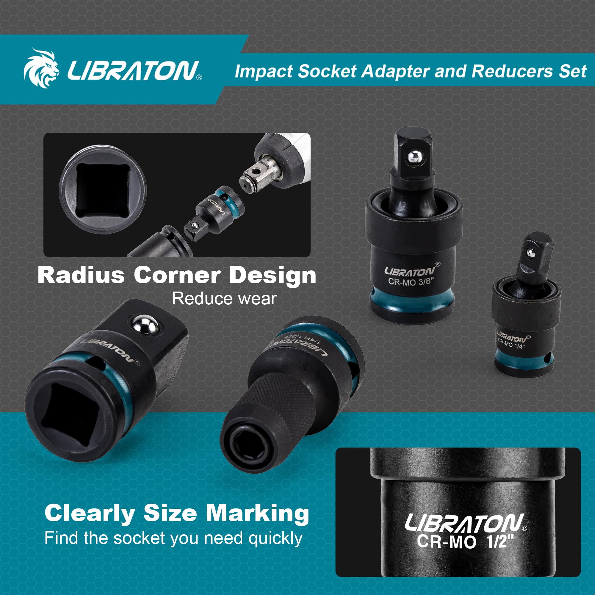 LIBRATON Juego de 11 Adaptadores y Reductores de Vasos de Impacto, Reductores de Adaptadores de Vasos, Junta Universal Impacto, Adaptadores de Cuadrada a 1/4" Hex, Vasos para Reparación Auto, con Caja