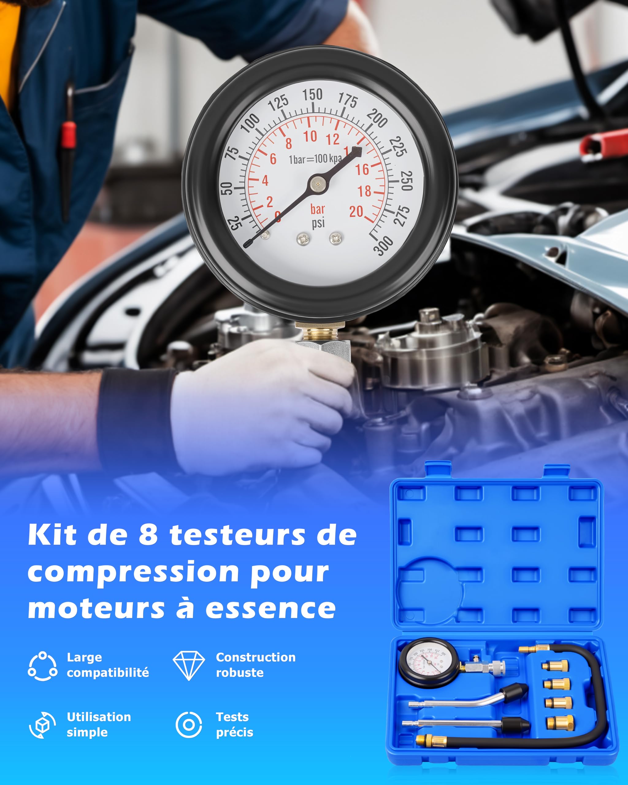 DAYUAN Testeur de Compression, Coffret de compressiomètre Set de compresseur pour Tous Moteurs Deux Kfz M10 M12 M14 M18 0-20 bar & 0-300 psi