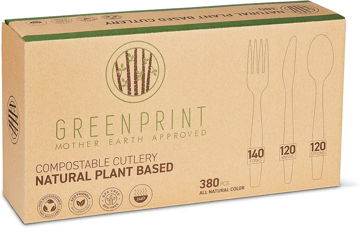 GREENPRINT compostable cutlery set [380 Pack] 140 Forks, 120 Spoons, 120 Knives - Biodegradable Disposable Cutlery Heavy Duty Utensils Alternative to other Silverware