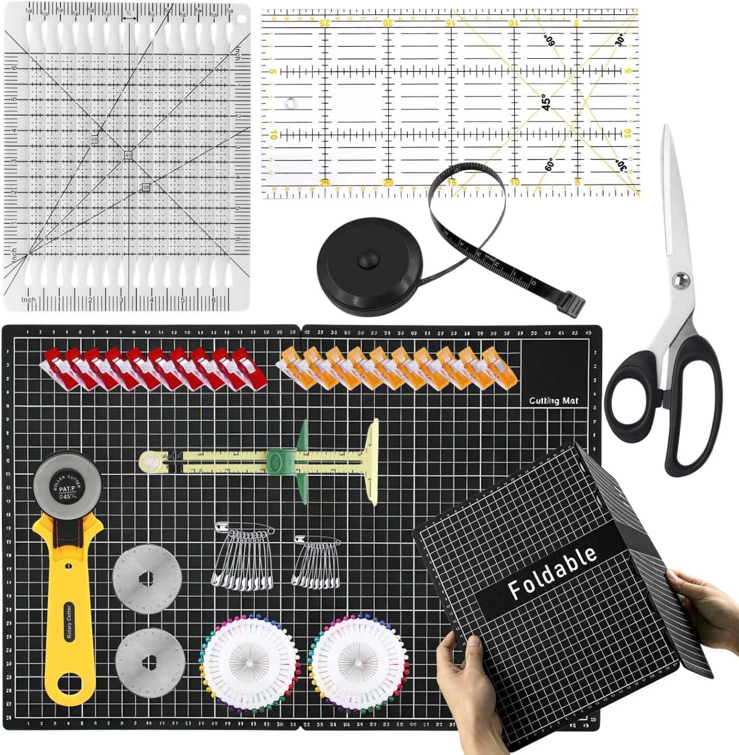 Rotary Cutter Set With Folding Self-Healing Cutting Mat, abric Scissorst, Replacement Bladest, Quilting Rulers, Sewing Clips – Complete Kit for Fabric Cutting, Quilting, Patchwork, Sewing & DIY Crafts