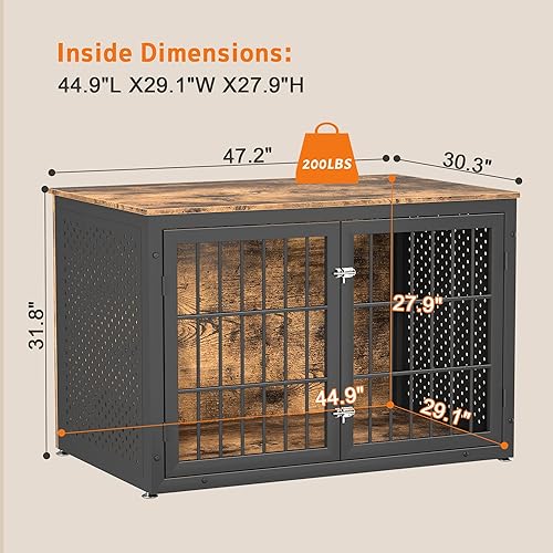 Miniatura 3 de Mueble rústico resistente de 48 pulgadas para perros extra grandes, perrera de metal para perros con alta ansiedad, muebles de jaula de madera para