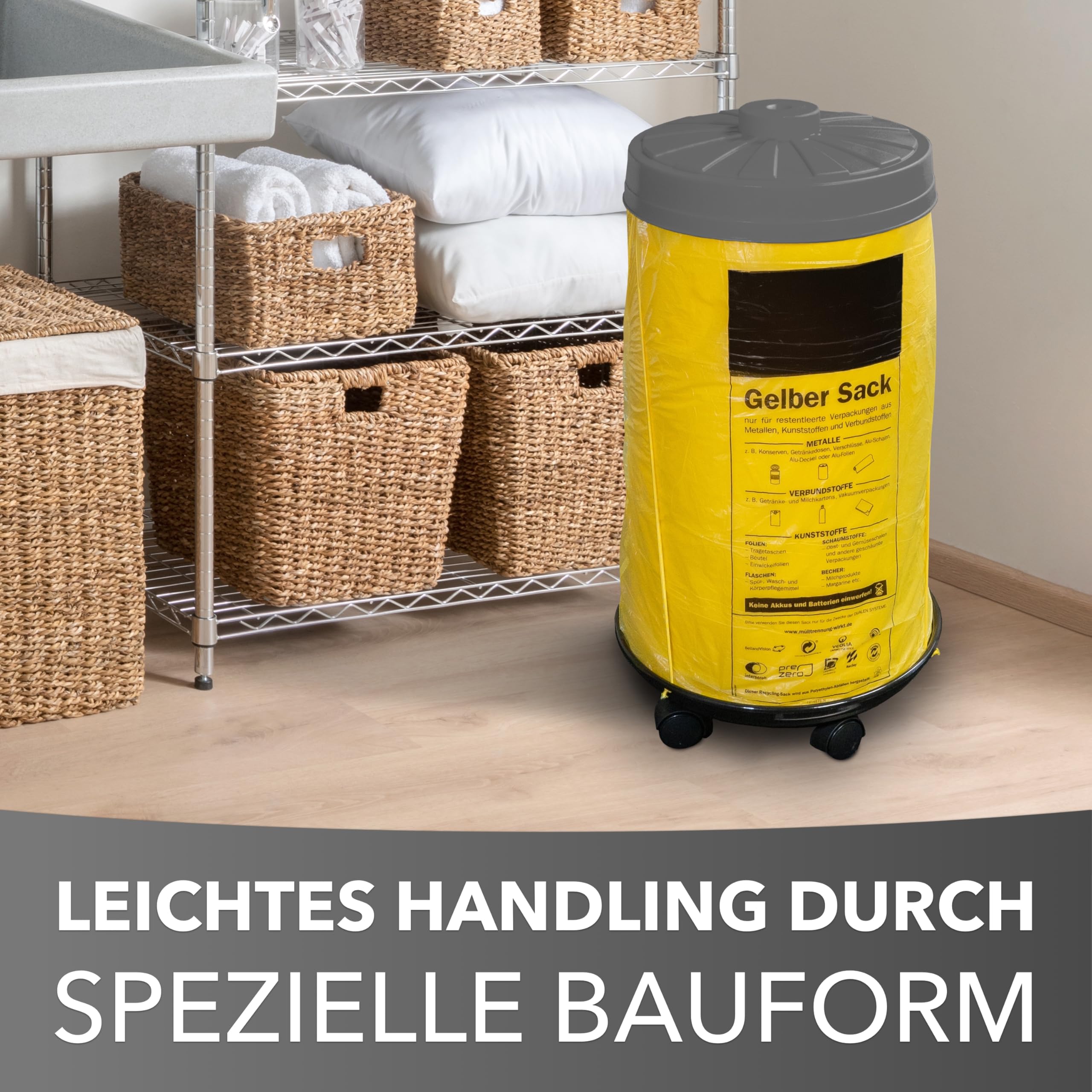 Sacktonne gelb mit Rollwagen und Deckel, Müllsackständer, Gelber Sack, Mülltonne, Wertstoffbehälter