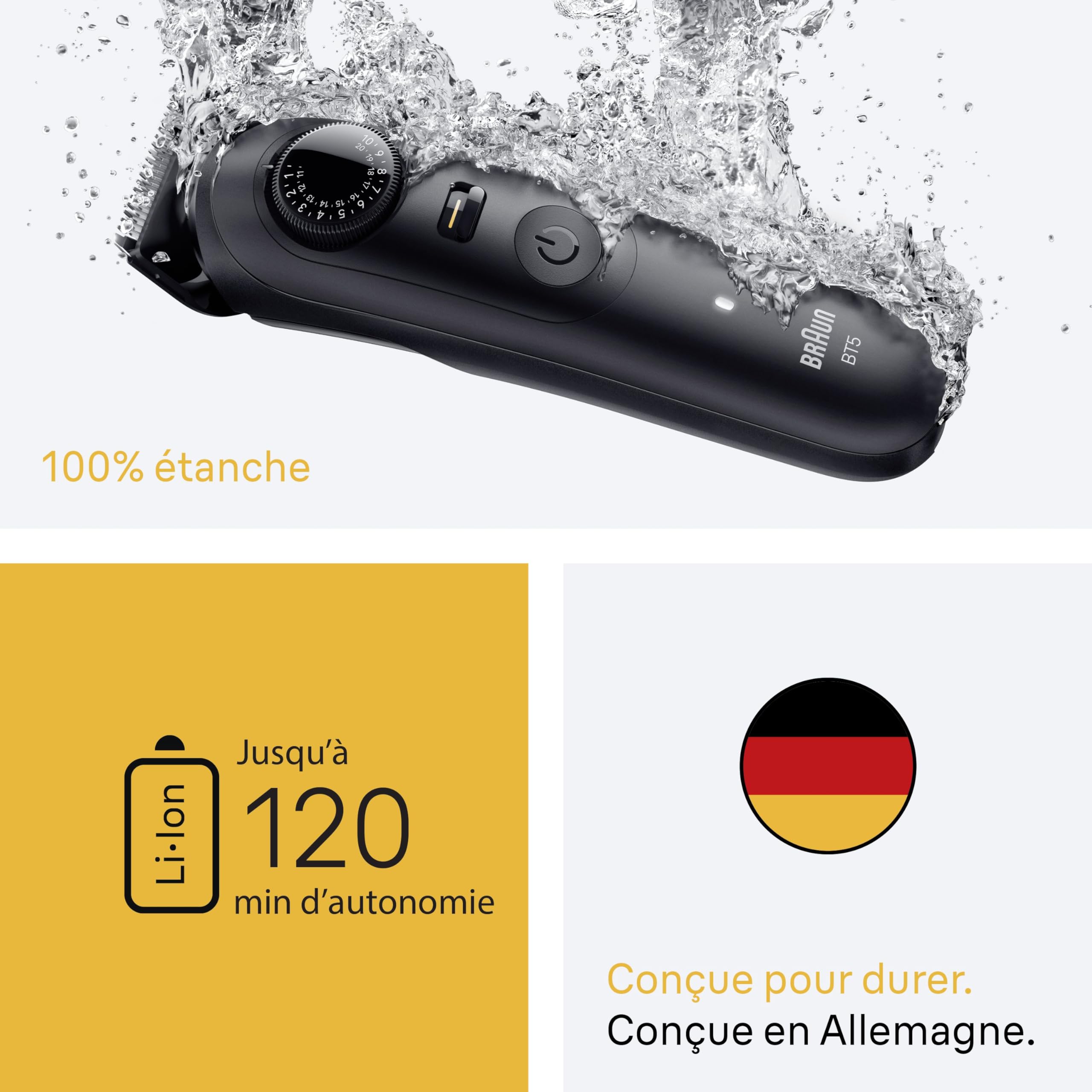 Braun Tondeuse Barbe Homme Series 5 BT5520, Noire – Etanche, Batterie Rechargeable, sans Fil, 40 Longueurs, Lame Ultra Affutée, Coffret avec +4 Outils de Barbier