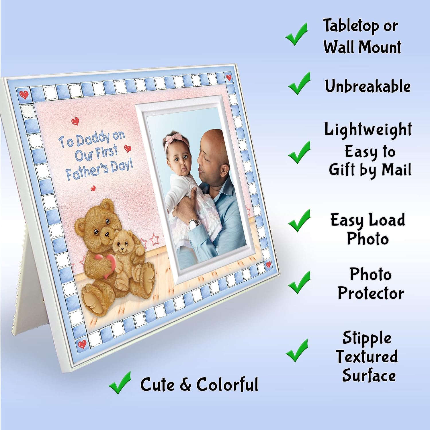 Fathers Day Picture Frame | "To Daddy on Our First Fathers Day" | Special for First-Time Dads | Sized for Dad's Desk 8.25 x 5 in | Holds 3.5 x 5 Photo | Cute Picture Frame Bear-Hearts Design image 2