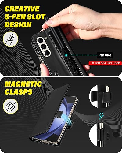 Miniatura 3 de TUCCH Funda tipo cartera para Galaxy Z Fold 5, con función atril y ranura para tarjetas con bloqueo RFID, piel sintética, funda protectora de