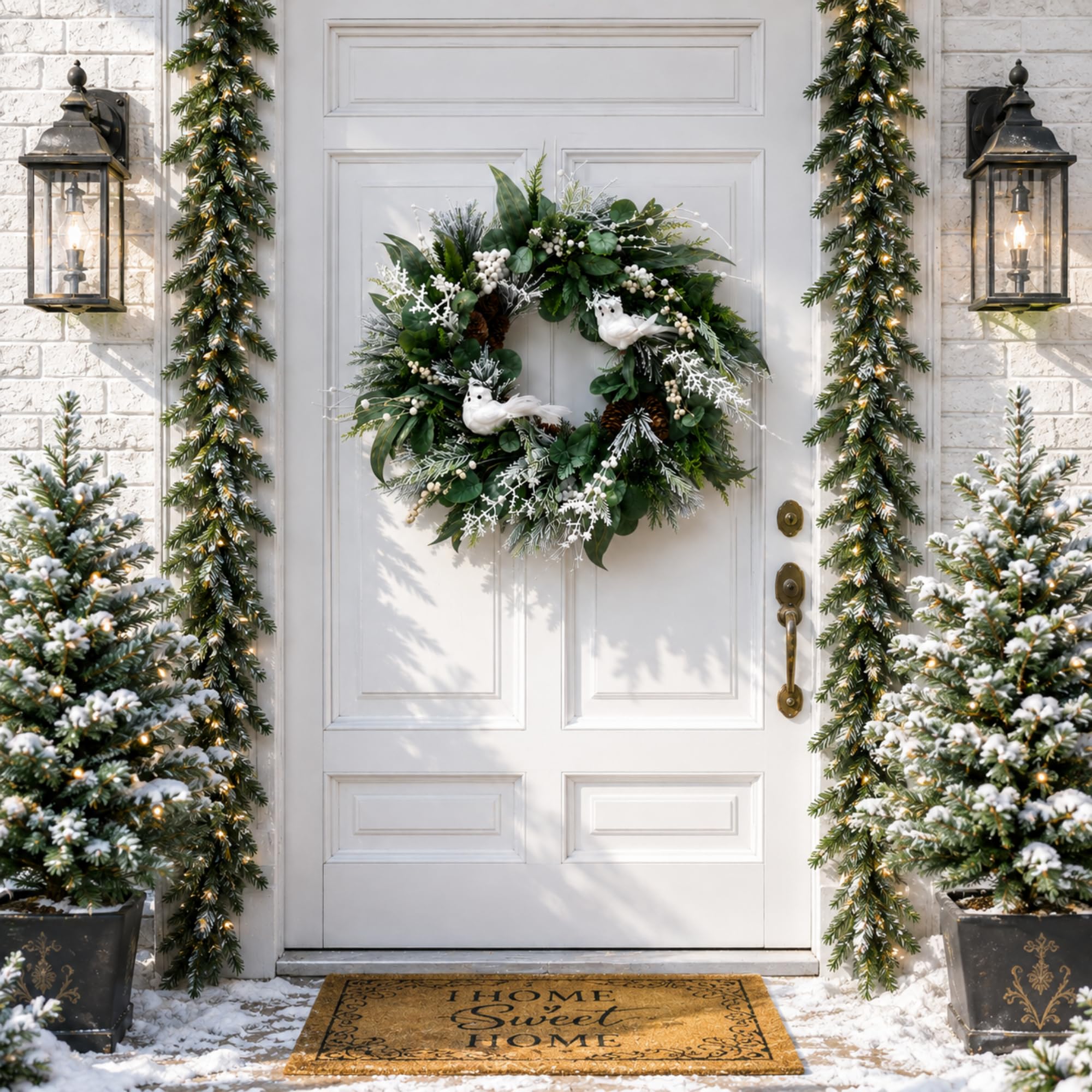 Norme Ghirlanda invernale da 61 cm per porta d'ingresso, ghirlanda natalizia con gufo bianco, pigne di cedro e bacche bianche, decorazioni invernali innevate artificiali da appendere per le pareti