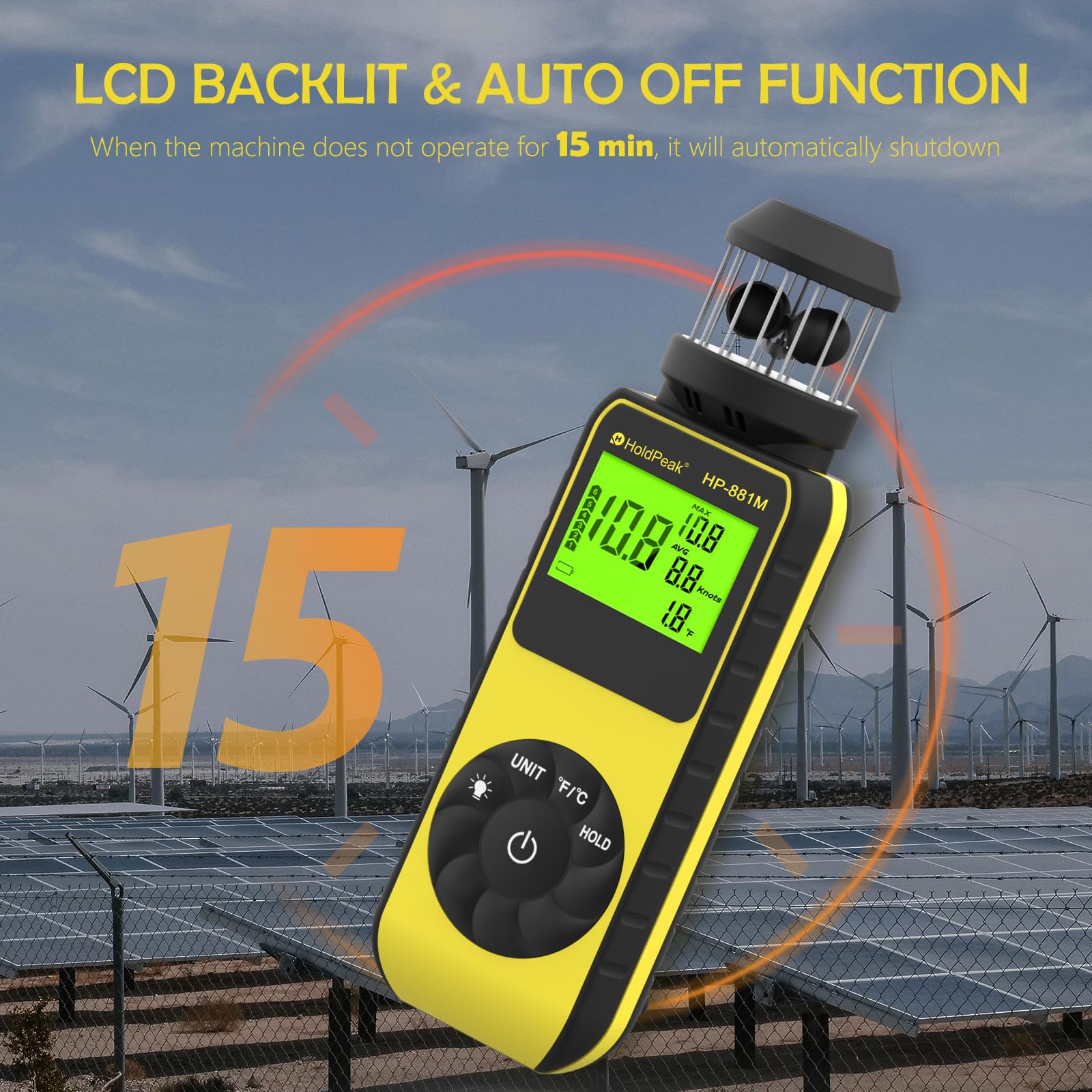 Anémomètre Numérique, HoldPeak 881M Vitesse du Vent de Mètre 4 Cups Wind Speed Meter 0.7~42m/s Compteur de Vitesse du Vent et Température (℃/℉) avec Boussole, pour Tir, Pêche, Voile, Kitesurf