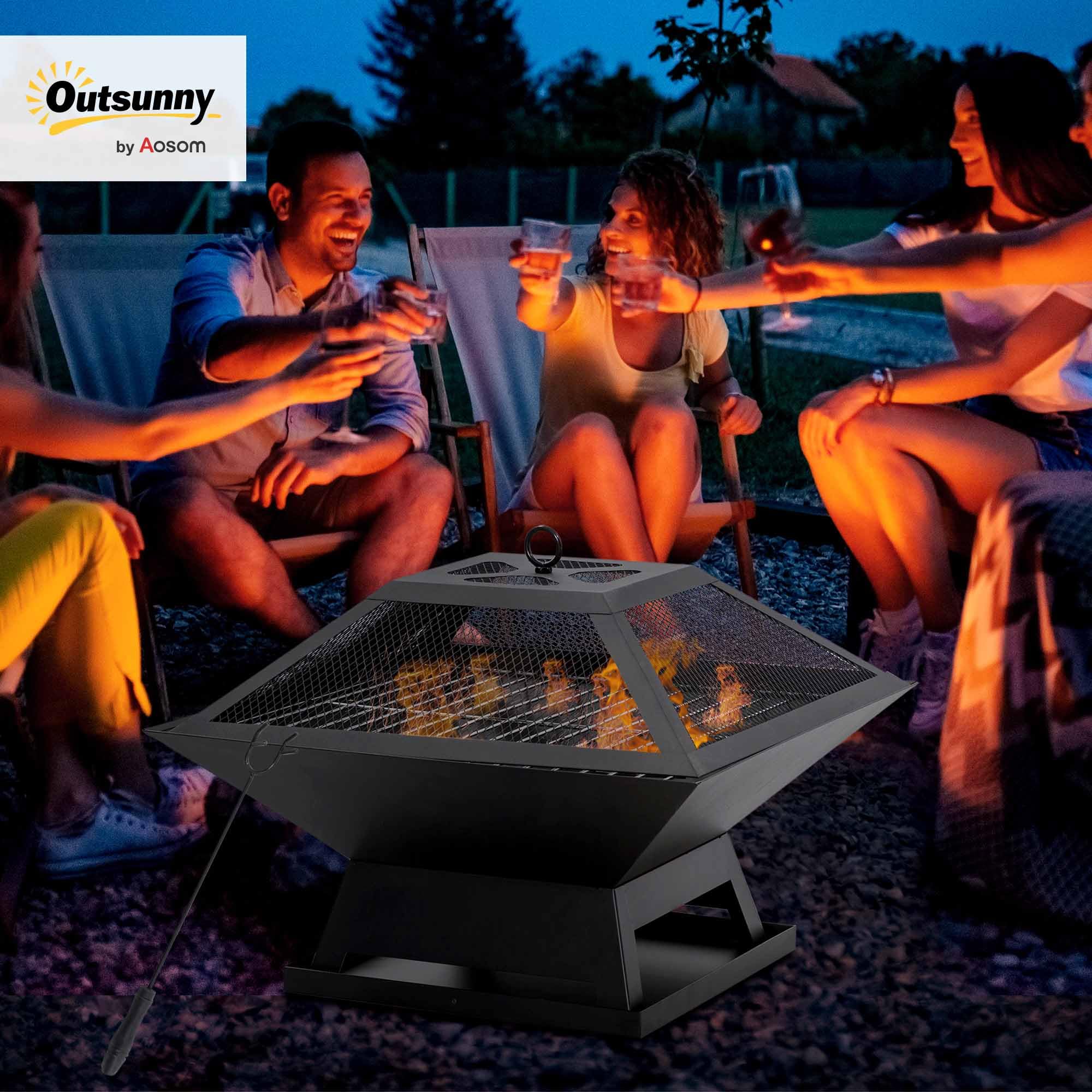 Outsunny ciotola per fuoco con griglia parascintille cesto per fuoco a poker per giardino campeggio BBQ acciaio nero 45 x 45 x 34 cm
