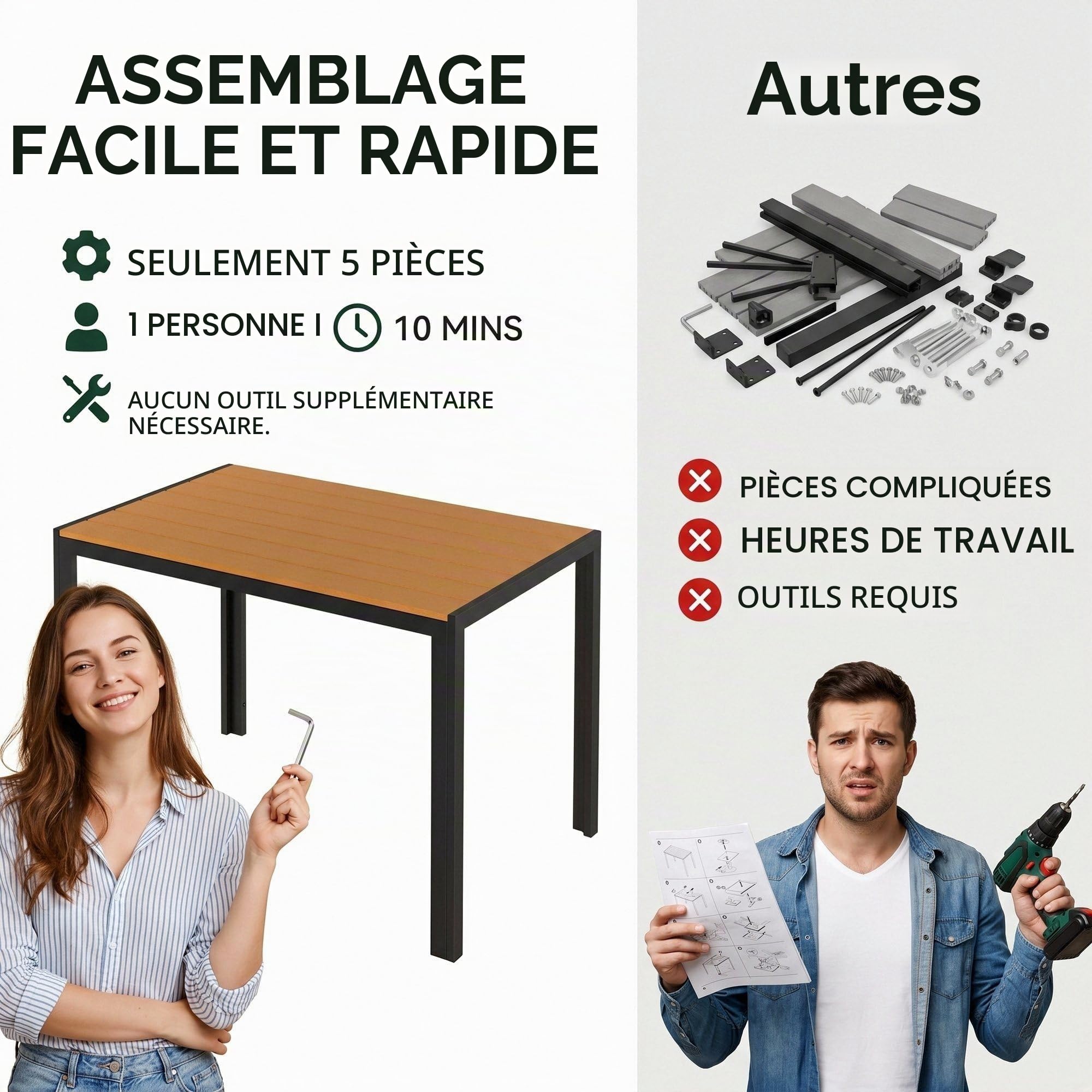 LIFERUN Table de Jardin 110x70 cm WPC pour 4-6 Personnes avec Cadre en Aluminium Brun Teck