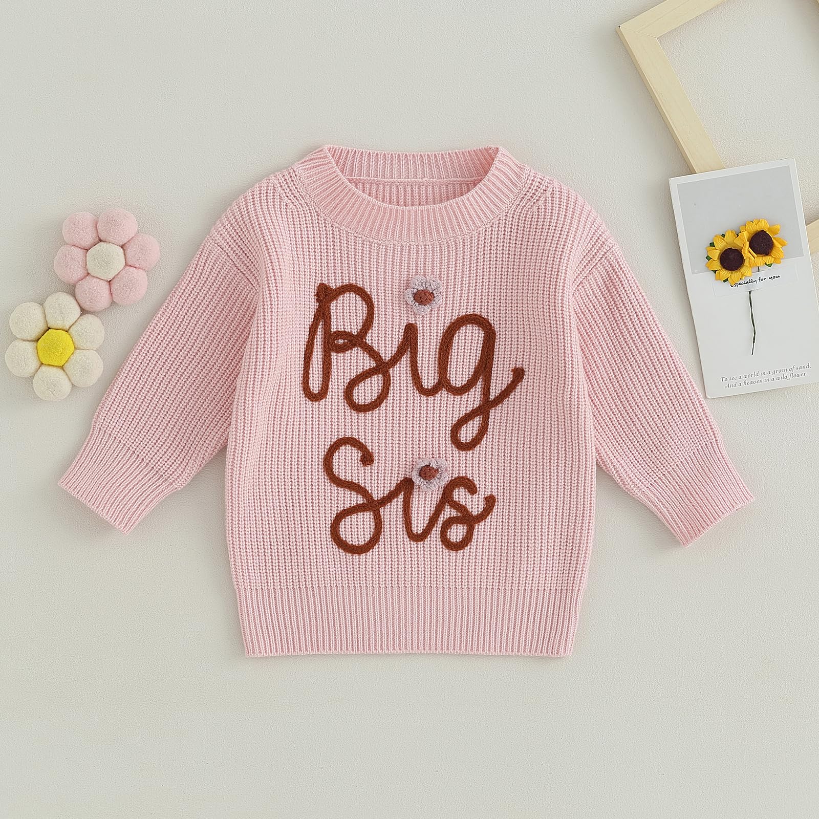 YINGISFITM Baby Girl Big Little Sister Embroidered Chunky Knit Sweater Crewneck Long Sleeve Sweatshirt Matching Outfit (Pink Big sis, 2-3 Years)