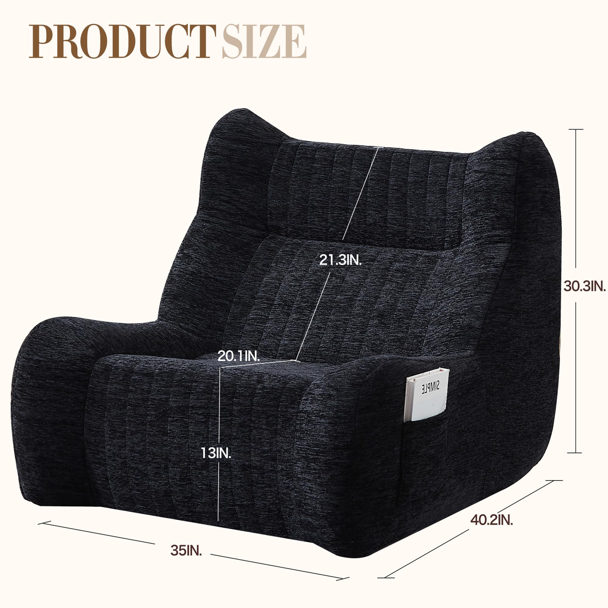 Large Bean Bag Chair for Adults Kids, Giant Beanbag Sofa with Side Pockets, Comfy Fireside Chairs, Lazy Floor Sofa Chair for Living Room, Bedroom, Kids Room, Black Chenille