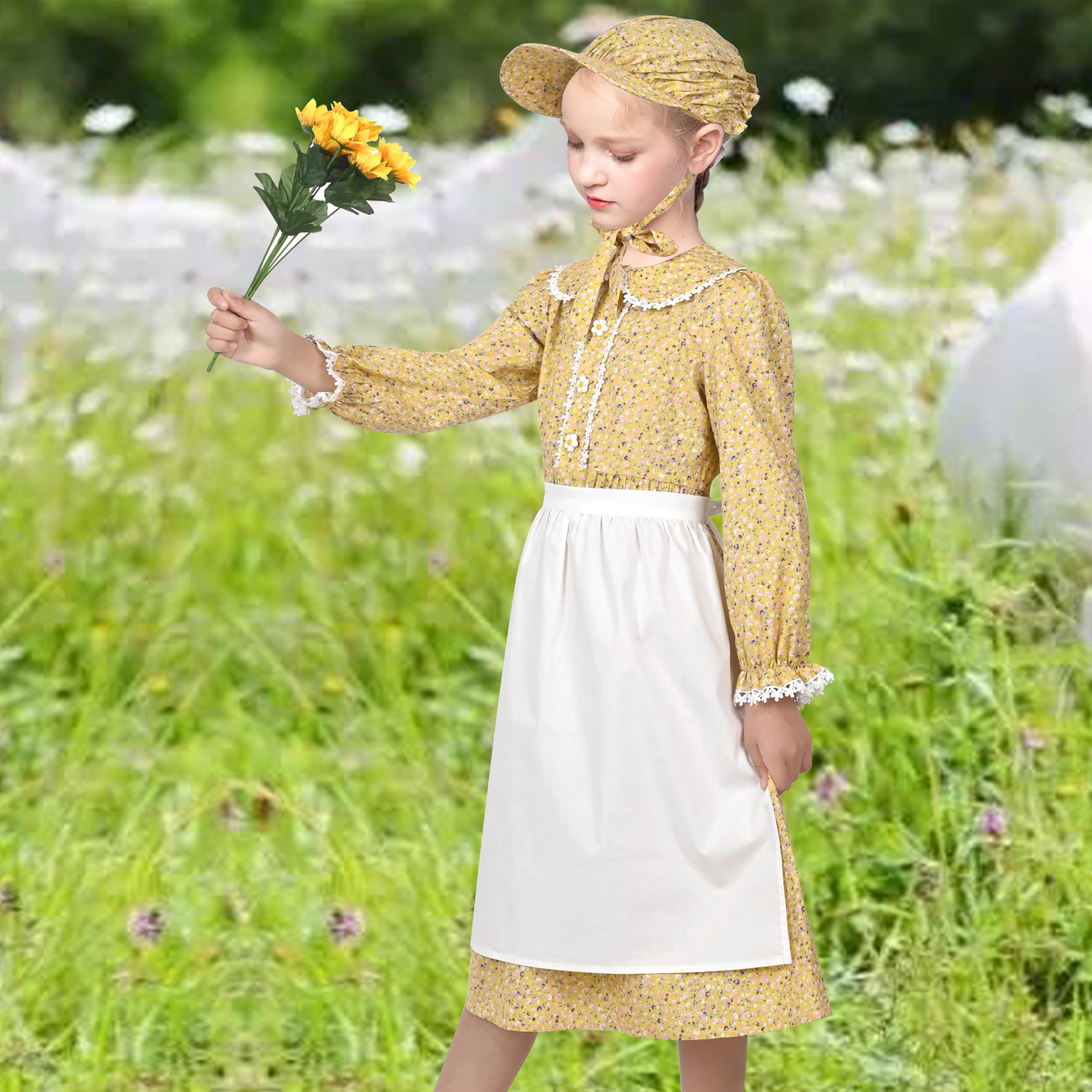 Girls Dress 3 Piece Set Apron Bonnet Pioneer Costume Floral Peasant Retro Age 6 Years Yellow - Image 4