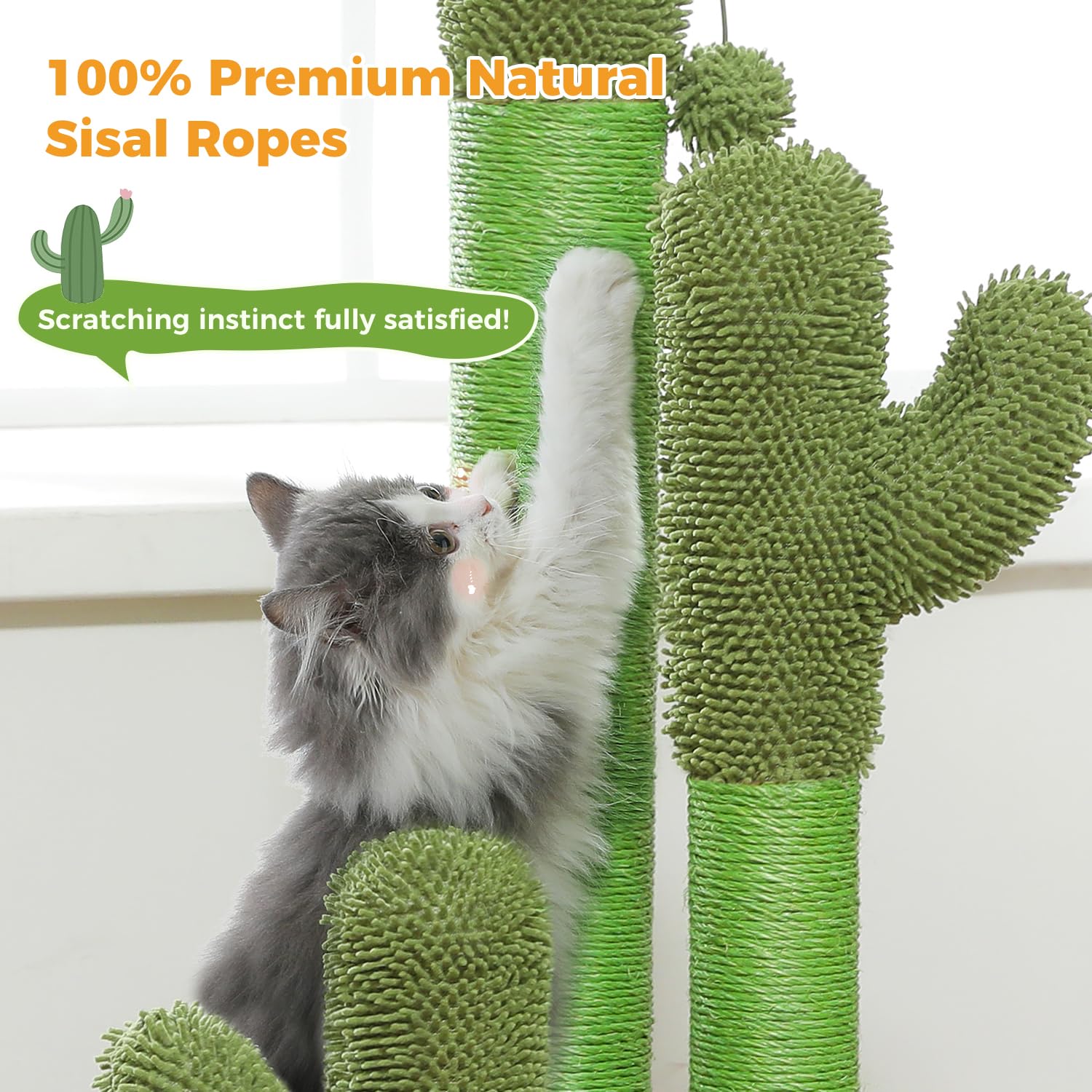 PAWZ Road Drapak dla kota 89 cm, wysoki drapak z naturalnymi sizalowymi kolumnami do drapania i wiszącymi piłkami do zabawy dla dużych kotów, zielony
