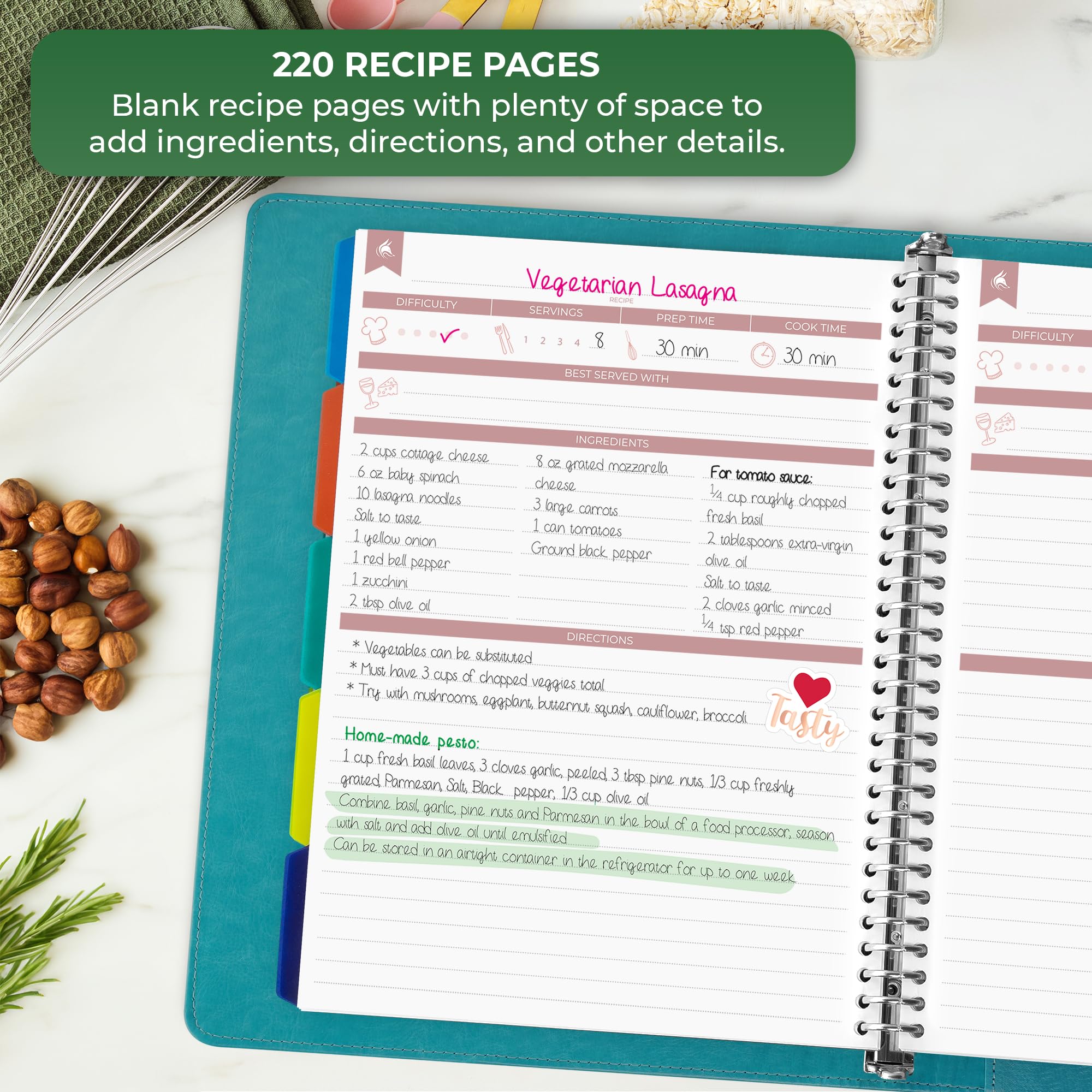 Clever Fox Raccoglitore per ricette con linguette, organizer ad anelli con pagine bianche per scrivere le tue ricette, libro di cucina di famiglia personalizzato, 220 ricette, 23,9 x 32 cm (turchese)