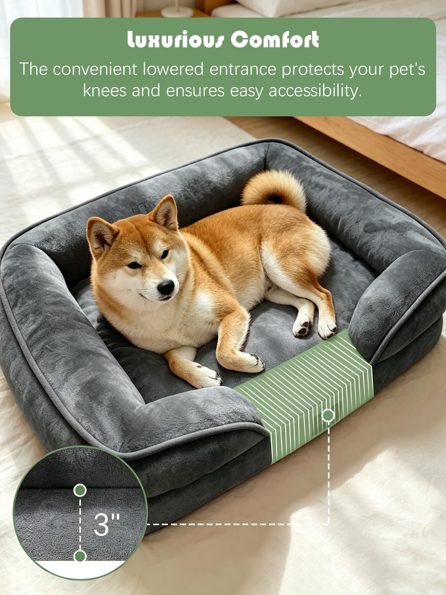 Spotted Play Orthopedic Dog Bed with Sides - Sofa Beds for Medium Dogs, Supportive Foam Pet Couch Bed with Washable Removable Cover, Waterproof Lining and Non-Slip Bottom, Dark Grey - M view 3
