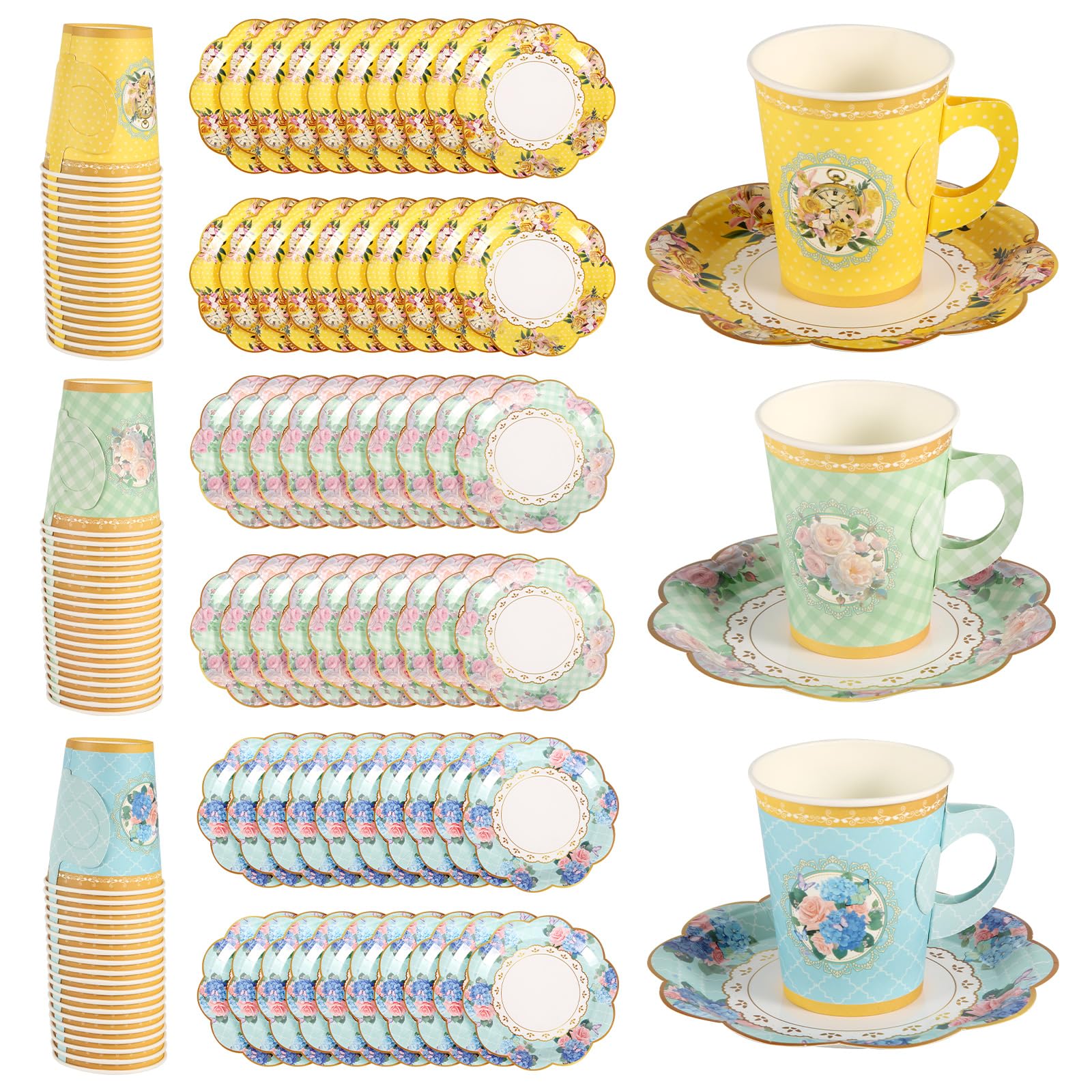 120uds Juego de Vajilla Desechable, Vajilla de Papel 60 Tazas de té de Papel con Asa 60 Platillos de Encaje Vajilla Floral para Fiesta para Niñas Suministros para Fiesta de té