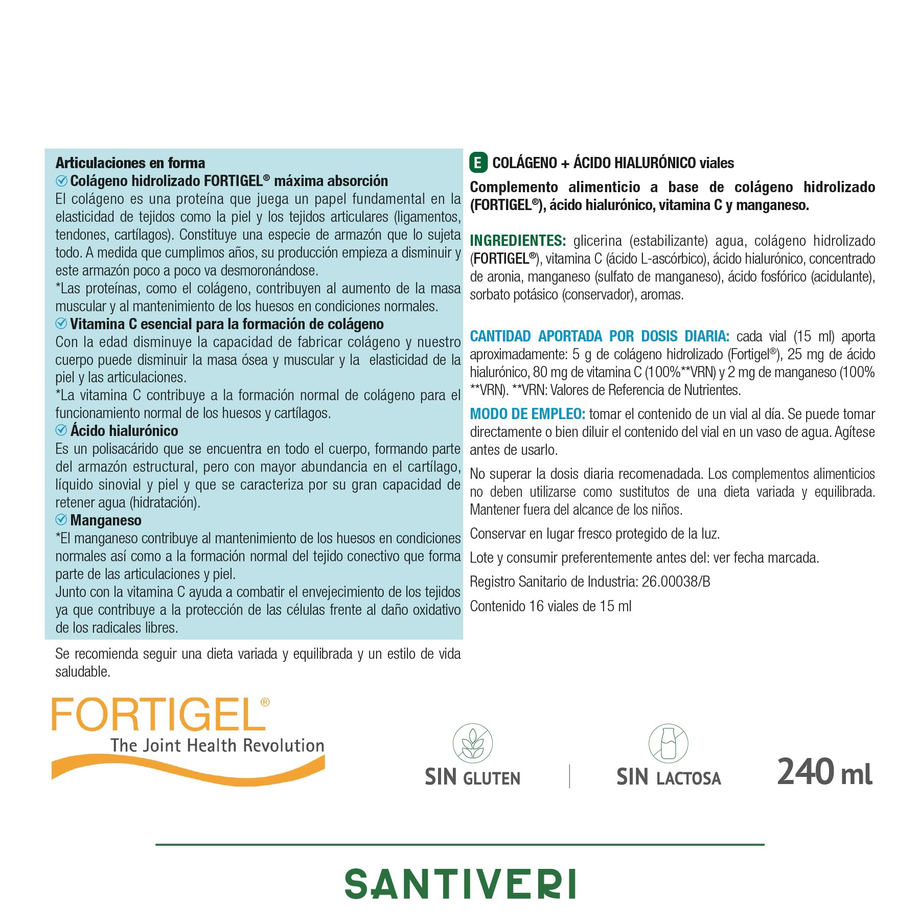 SANTIVERI - Colágeno Líquido Artrosin, Complemento Alimenticio con Colágeno Hidrolizado, Ácido Hialurónico, Vitamina C y Manganeso, Contribuye al Bienestar en Articulaciones y Cartílagos - 16 Viales