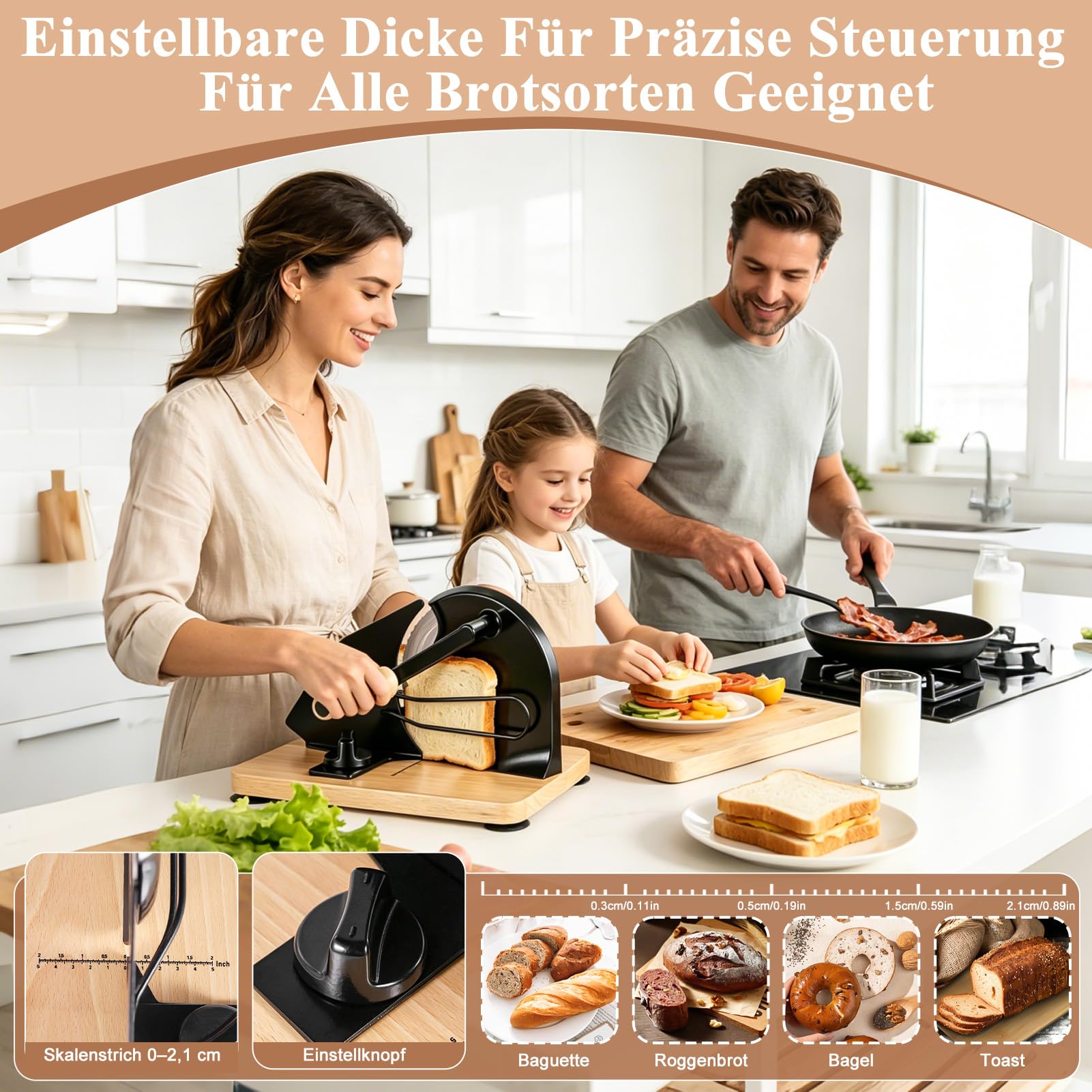 Brotschneidemaschine Manuell, Manuelle Brotschneidemaschine mit Einstellbarer Scheibendicke, Edelstahlklinge, Rutschfeste Saugnäpfe, Gleichmäßige Brotscheiben für Selbstgemachtes Brot & Sauerteigbrot