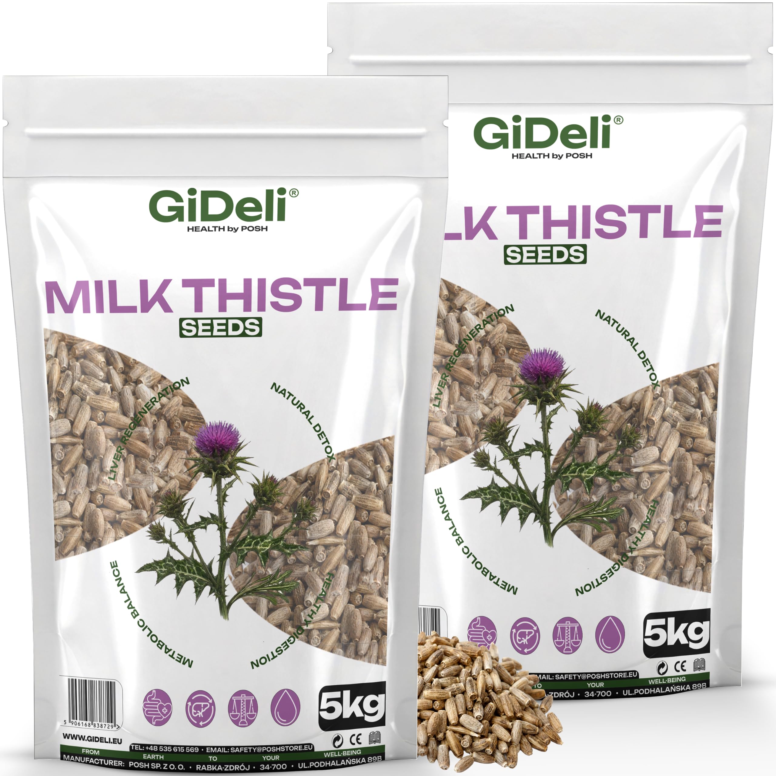 GiDeli Semillas de cardo mariano, 2 x 5 kg, 100% semillas enteras, sin aditivos para la nutrición diaria, contenido de silimarina natural, ideal para yogur, cereales, batidos y ensaladas, origen
