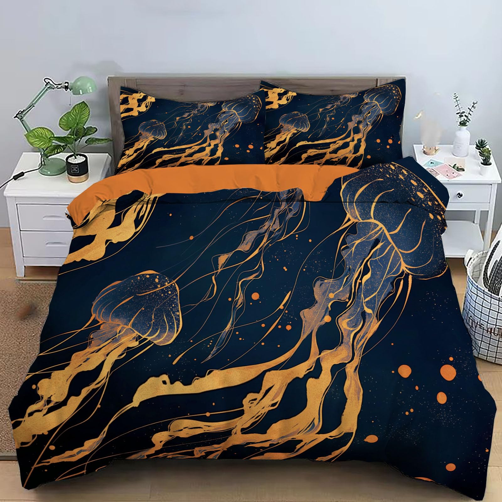 Parure de lit 220x240 bleu or motif méduse avec 2 taies d'oreiller