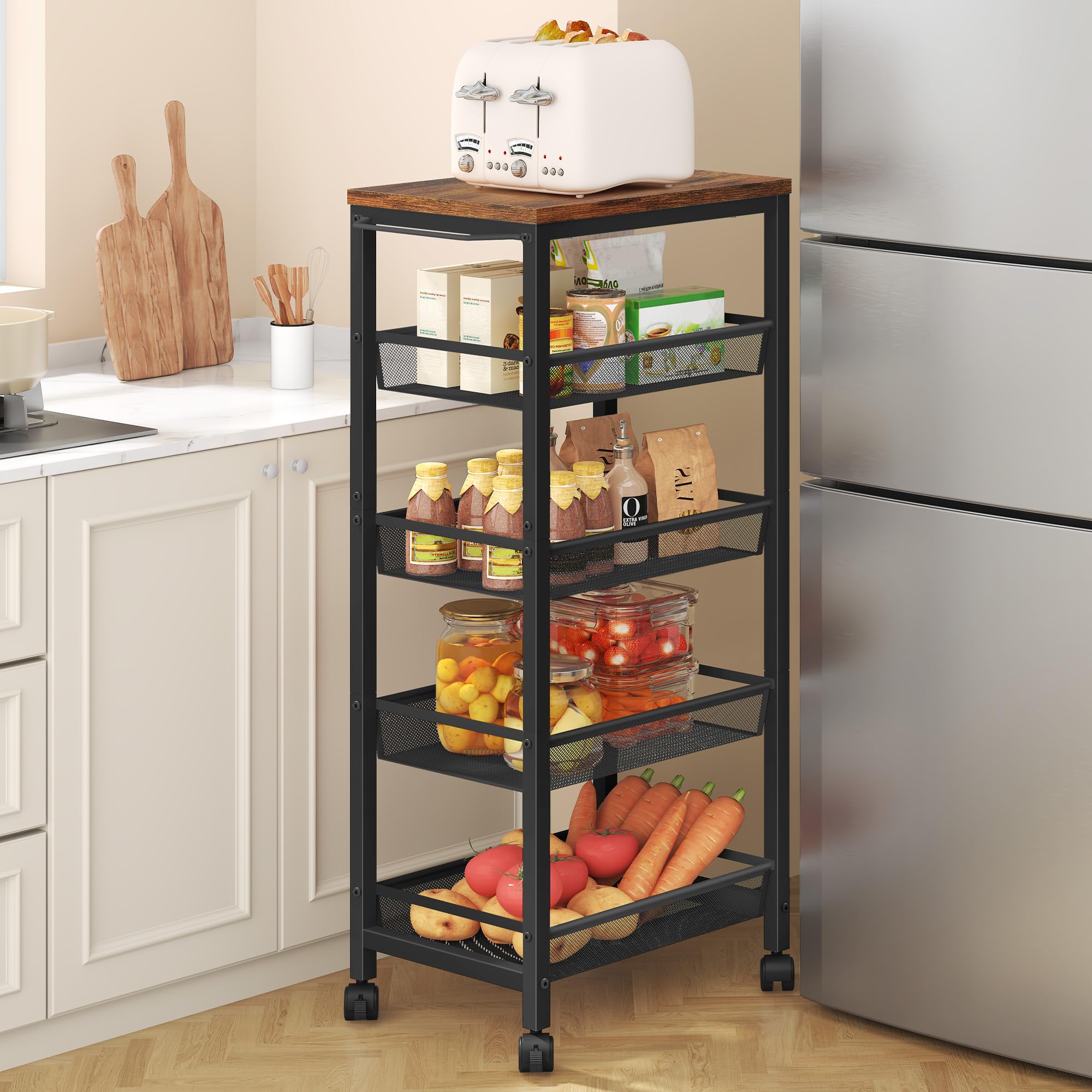 Hoctieon Slim Rolling Storage Cart, 5-Tier Narrow Kitchen Storage Cart with Handle & Wheels, Mobile Shelving Unit, Wooden Top & Metal Frame, Utility Cart for Kitchen, Small Spaces,Brown
